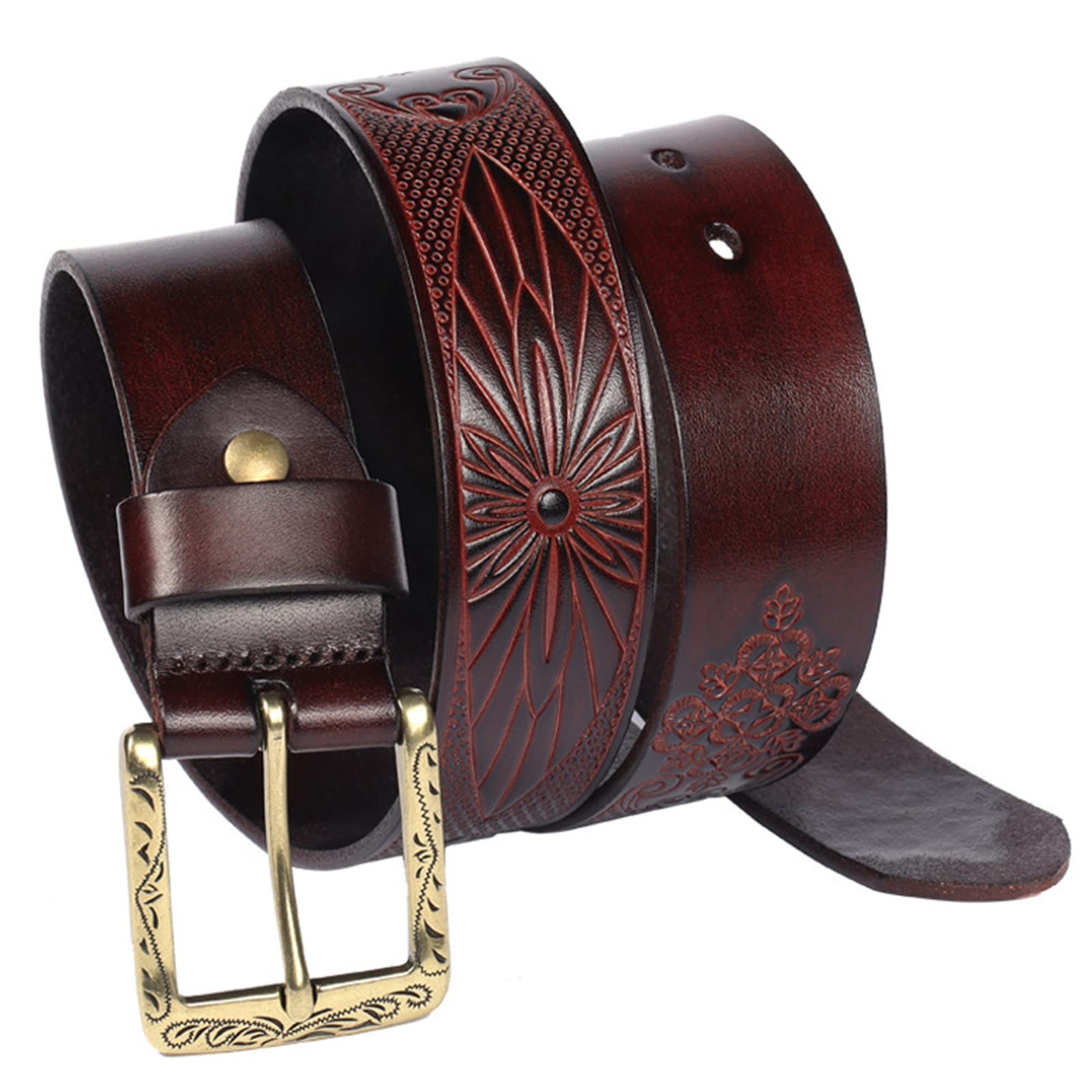 Gürtel Für Herren Und Damen Prägung Rindslede Ledergürtel Im Western Blume Style Vintage Jeansgürtel Mit Golden Schnalle, Versch Größen(105cm/waist:35", Coffee)