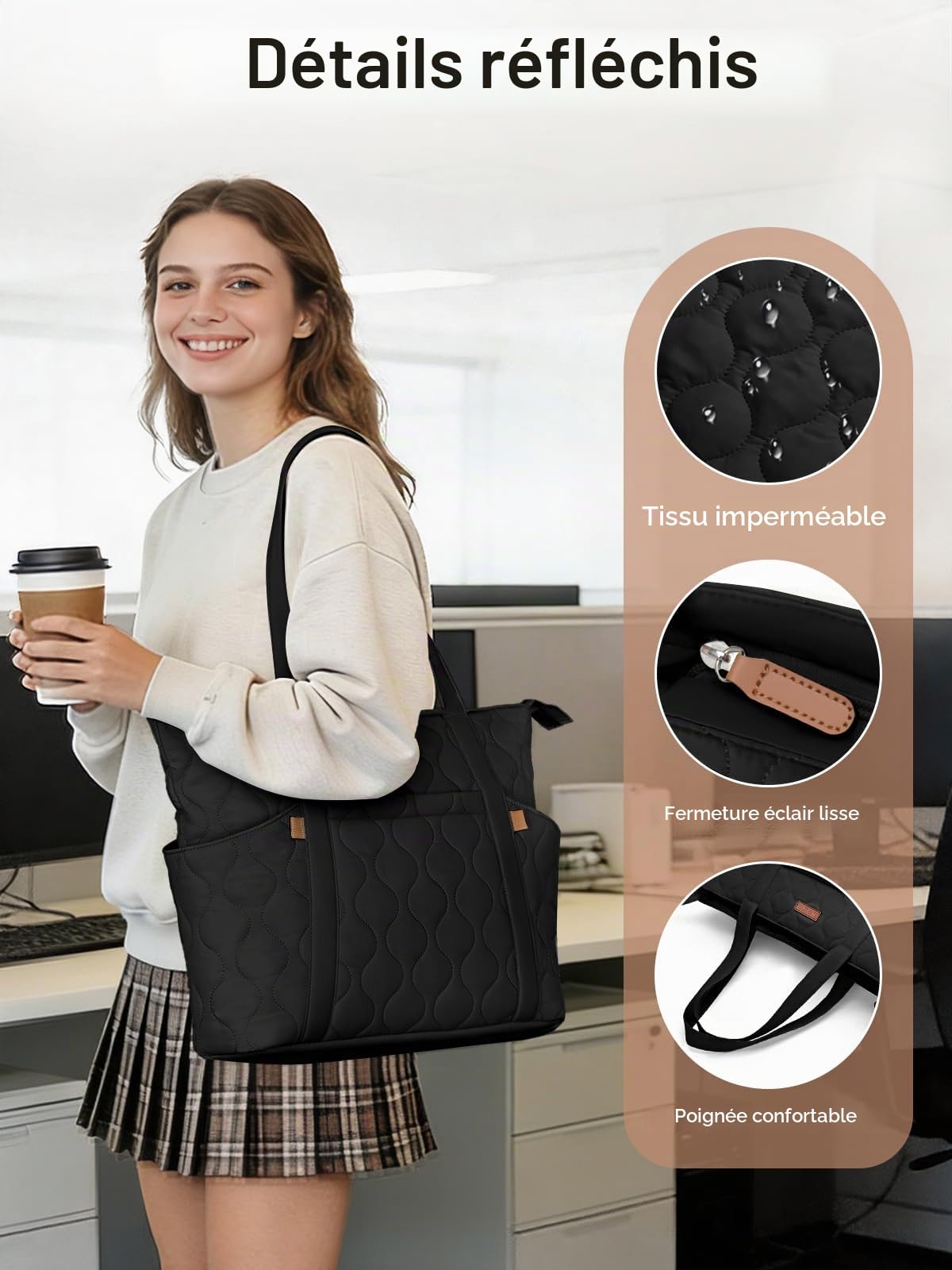 Sac Cabas pour Femme Grand, Sac Fourre Tout pour Ordinateur Portable 15,6 Pouces, Sacs a Main avec Fermeture Éclair, Sacs Bandoulière Léger pour Shopping Université Travail Voyage