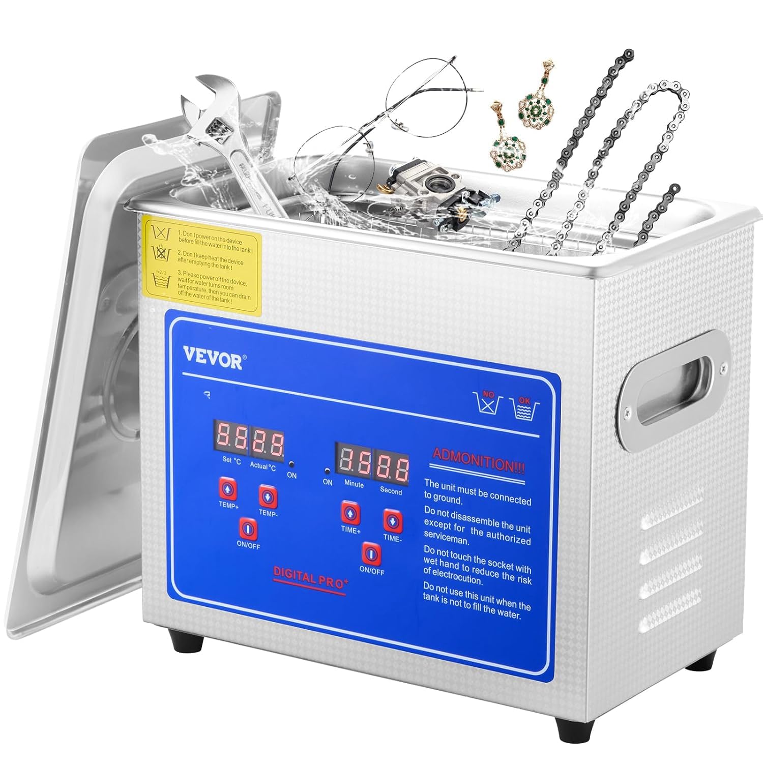 VEVOR Pulitore Ultrasuoni Macchina Pulitrice a Ultrasuoni per Gioielli Capacità da 2,​85 L, Pulitore in Acciaio Inox, Potenza 120 W Frequenza da 40 kHz per Occhiali Orologi Anelli Parti Piccole