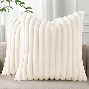 Pallene Faux Fur Plush Throw Pillow Covers 22x22 Set of 2, Luxury Soft Fluffy Striped Decorative Pillow Covers for Sofa, Couch, Living Room, Cream White
