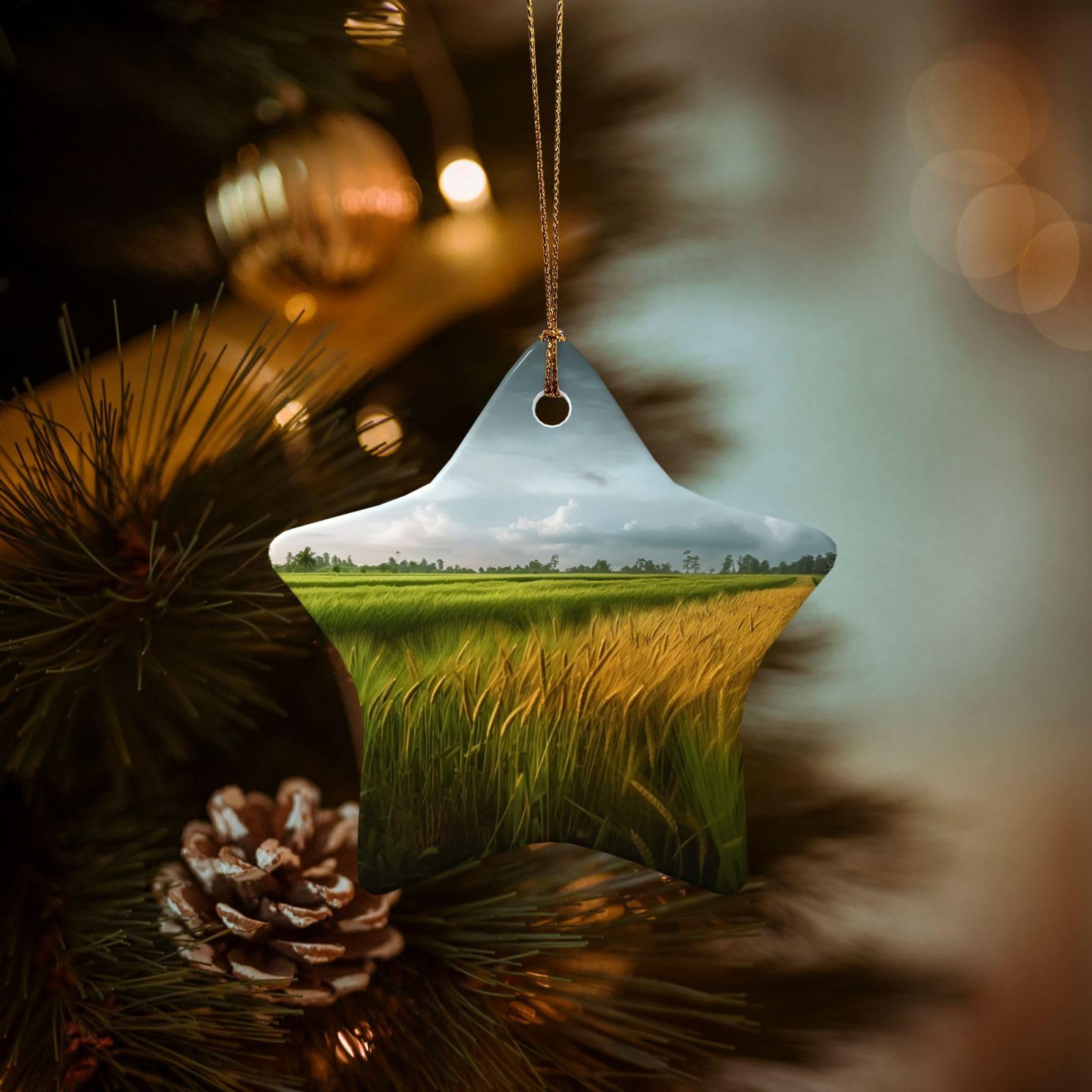 Christmas Tree Ornaments Ceramics Christmas Decorations Paddy Rice Field Ornaments with Gold Ribbon Porcelain Xmas Tree Crafts Star Shape Hanging Pendant for Christmas Tree Party Decor