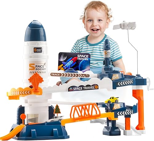 Eaciilee Juguetes espaciales para niños de 3, 4, 5, 6, 7, 8 años, 2 en 1, vehículo de aventura espacial con 4 coches, ascensor, estacionamiento,