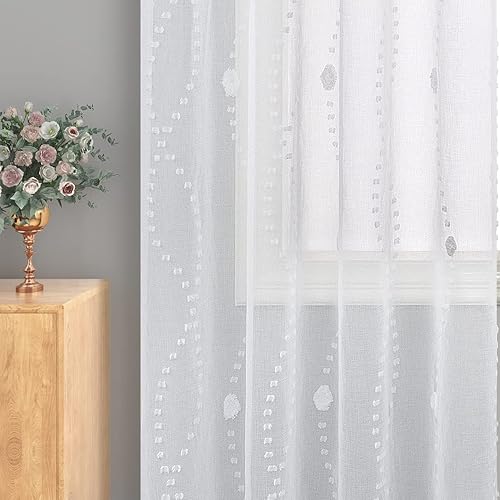 KOUFALL Cortinas verde salvia de 84 pulgadas de largo para puerta corrediza de cristal semitransparentes con textura de pompones geométricas