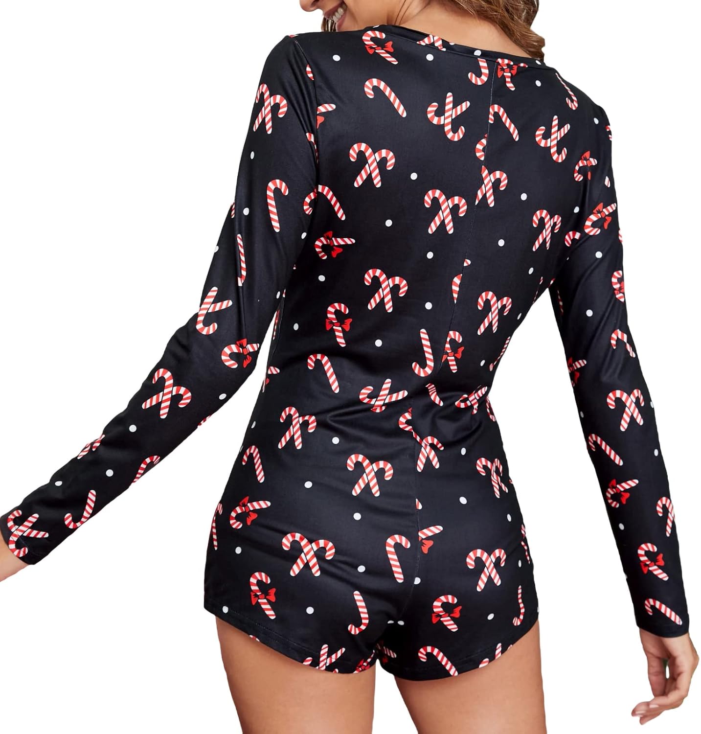 Women Butt Button Back Flap Pajamas Long Sleeve V Neck Shorts Jumpsuit One Piece Bodysuits Bodycon Romper Overall - Image 4