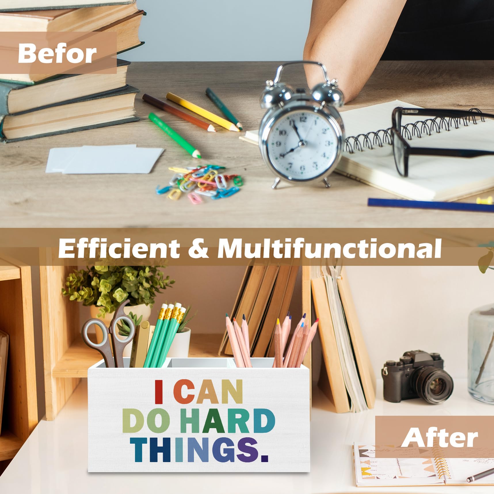 DILSJ Inspirierender Boho-Stiftehalter für den Schreibtisch, Boho-Klassenzimmer-Dekor, inspirierende Geschenke, "I Can Do Hard Things", motivierende Holzbox-Schilder für Zuhause, Büro, Schreibtisch