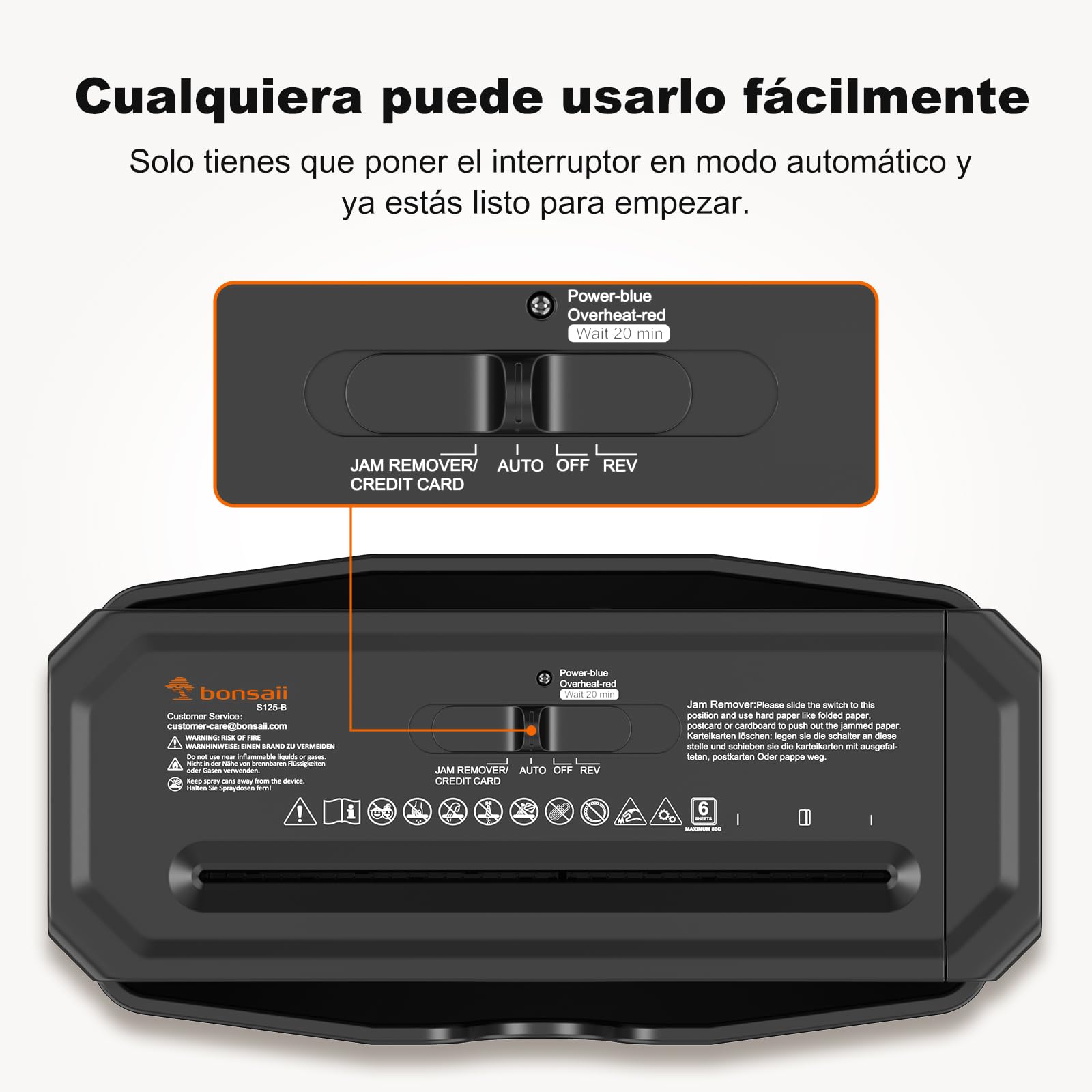 Bonsaii Destructora de Papel de 6 Hojas con Corte en Tiras para Oficina en casa, con función de triturar tarjetas de crédito, adecuada para cestos de basura de 315 a 395 mm, con Papelera de 7L, S125-B
