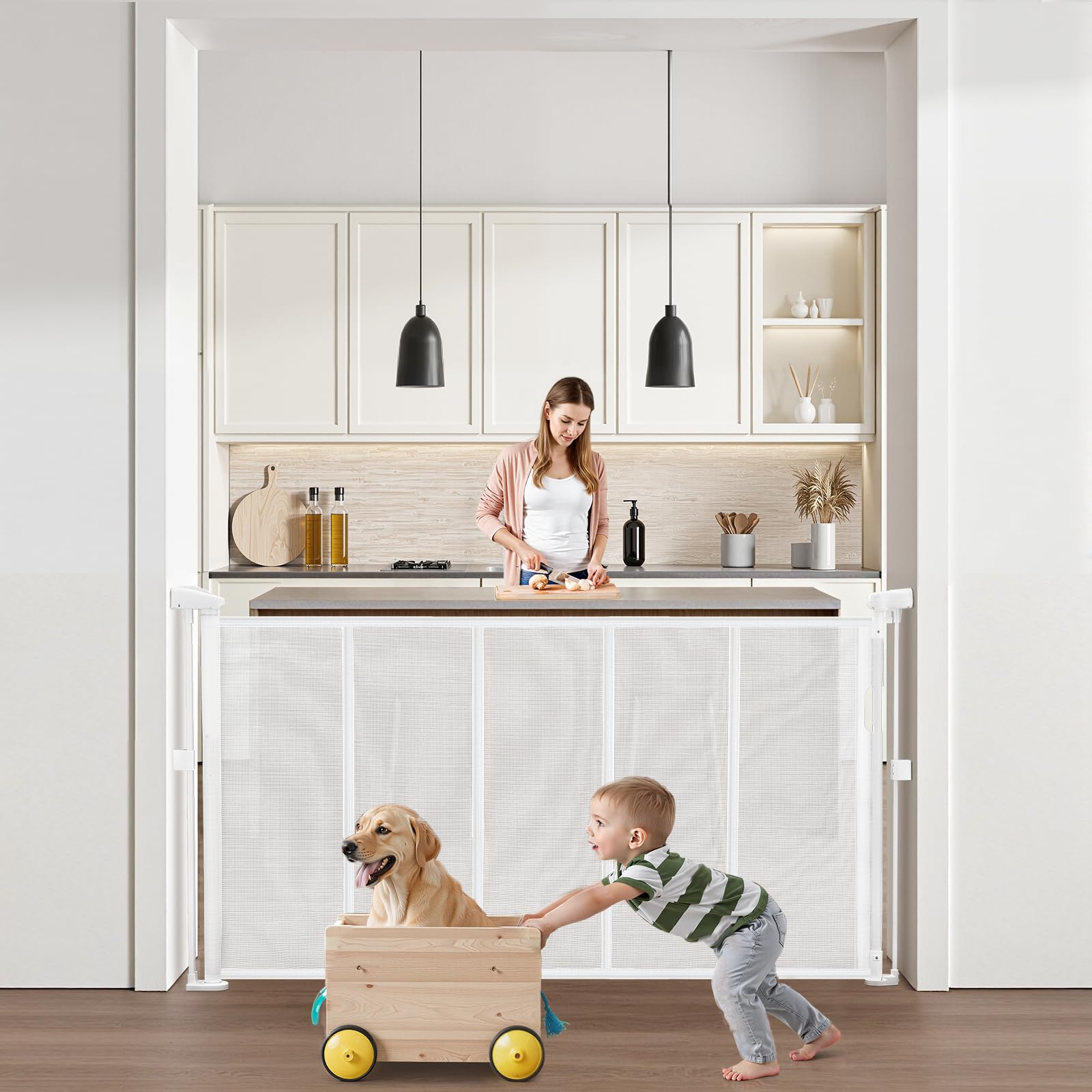 VEVOR Retractable Baby Gate, 870 mm Tall, Extends up to 1400 mm Wide, Retractable Gate for Kids or Pets, Mesh Material, Easy to Install for Indoor Stairs, Doorways, Hallways, Playrooms, White