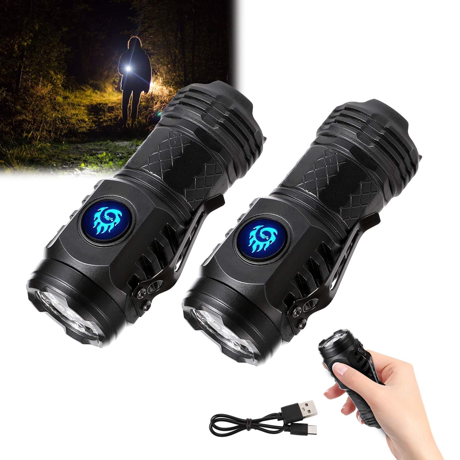 Three-Eyed Monster Mini Flashlight, Rechargeable LED Torch,Torches LED Super Bright,Pocket Flashlight,Portable Flashlight,Waterproof Pocket Torch for Outdoor Camping Hiking Emergency (Black-2pcs)