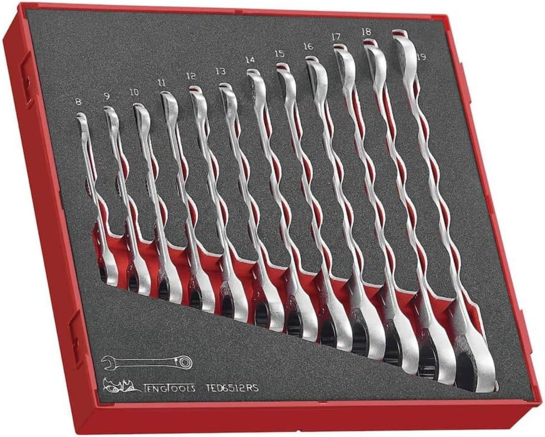 Teng Tools 12 Piece Ratcheting Combination Wrench Set In EVA/Foam Tray 8mm - 19mm - TED6512RS, Silver