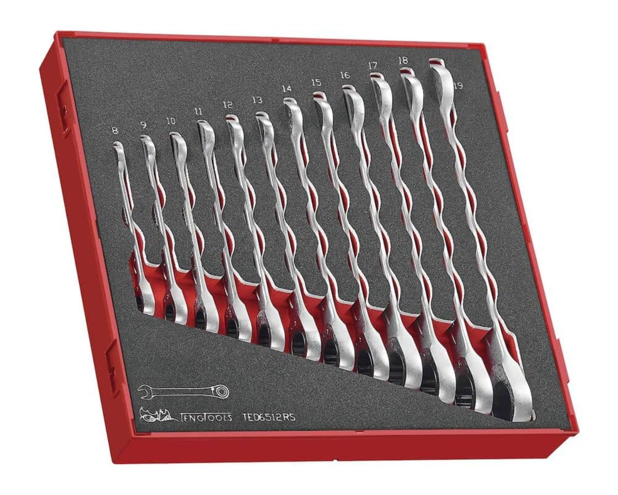 Teng Tools 12 Piece Ratcheting Combination Wrench Set In EVA/Foam Tray 8mm - 19mm - TED6512RS, Silver
