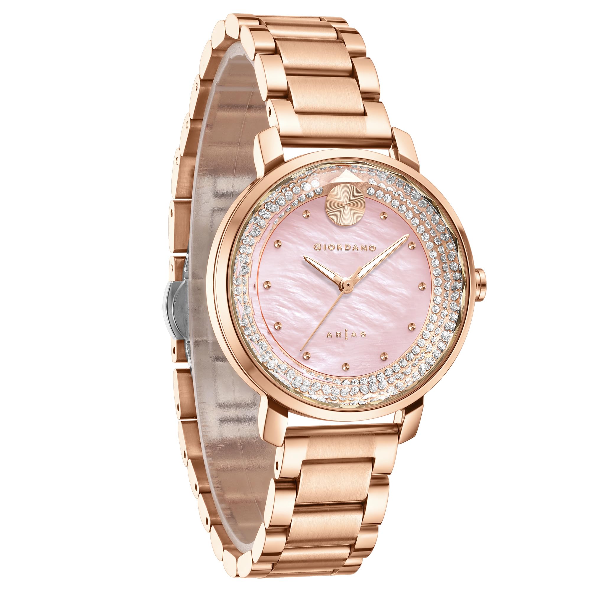 Arias Lara Dutta Signature Collection Analog Quartz Watch for Women with Mother-of-Pearl Cut Glass Dial, Crystal-Studded Ring, Luminous Hands and Stainless Steel Strap-image-3