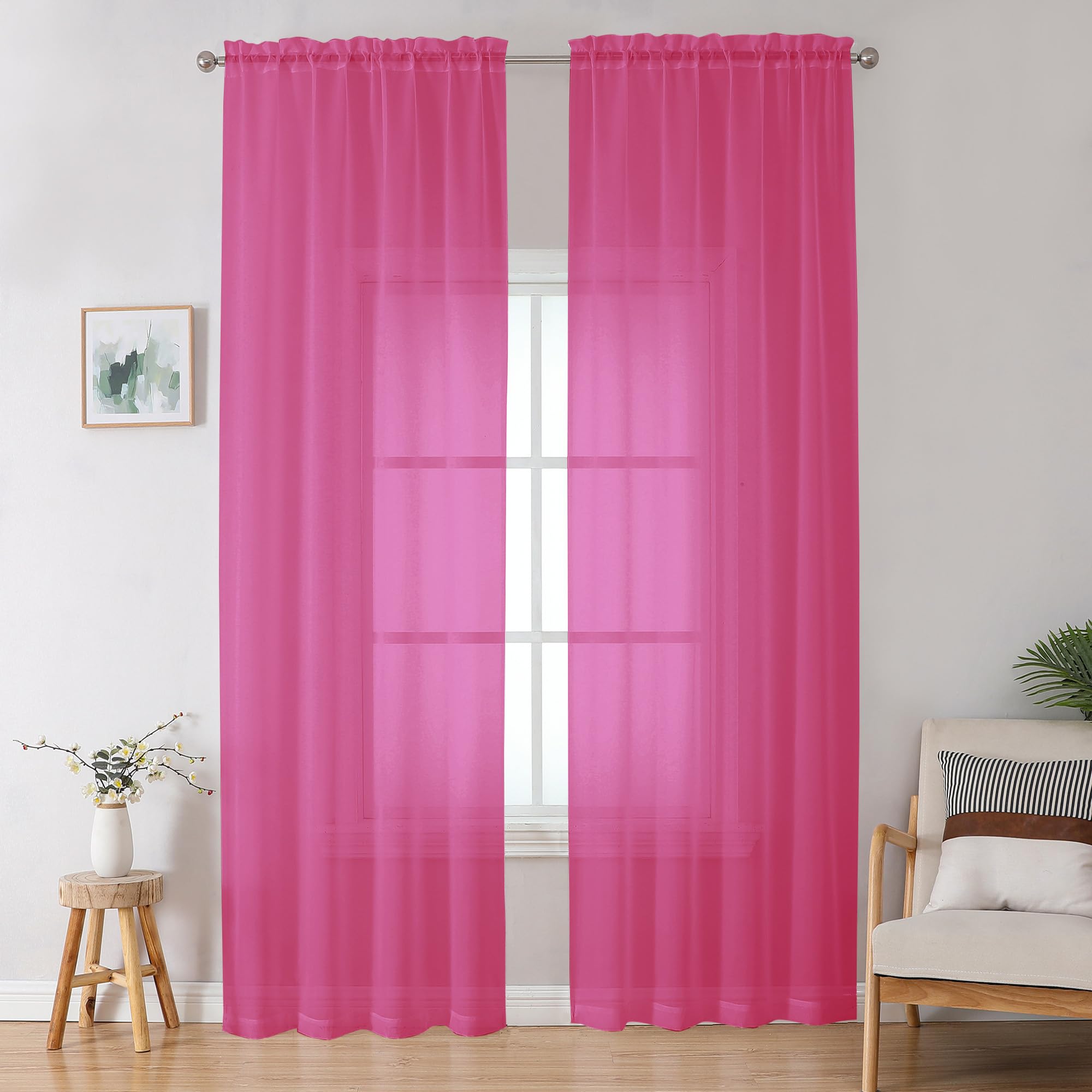 Hot Pink Sheer Curtains for Bedroom Living Room 96 Inches Long 2 Panels Set, Soft Solid Light Filtering Clear Sheer Ceiling to Floor for Large Window, 2Pcs, Each 42" W x 96" L, Hot Pink