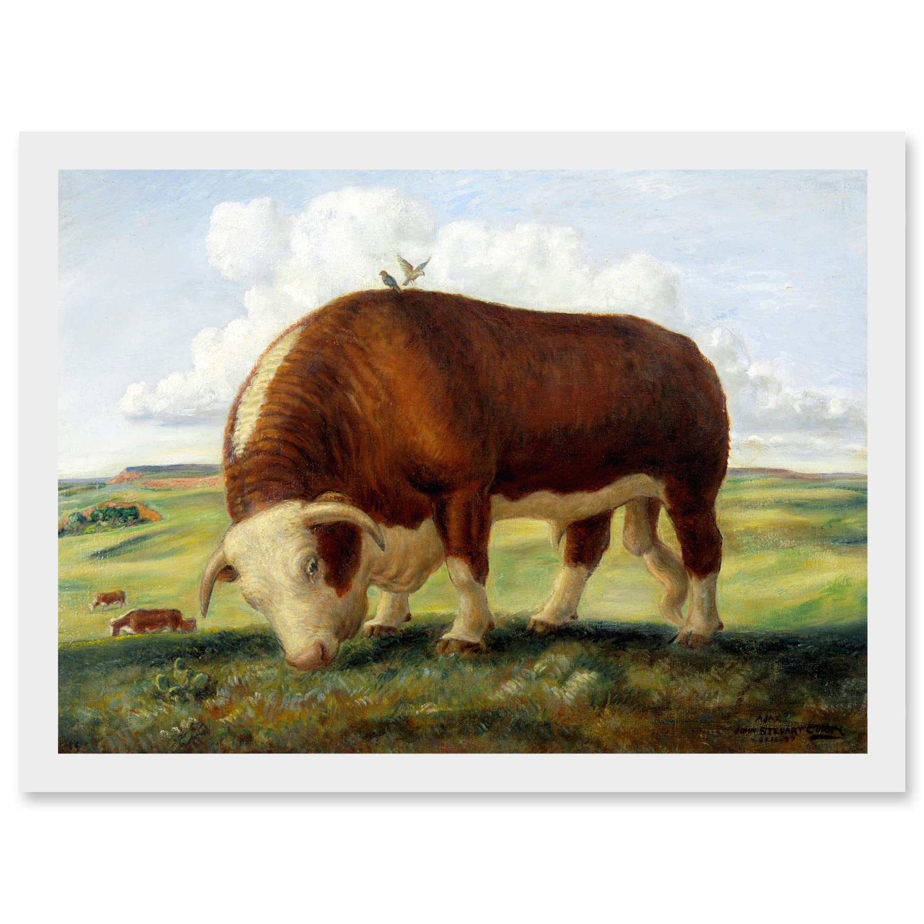Artery8 Curry Ajax Hereford Bull Cow Birds Landscape Painting Artwork Framed Wall Art Print A4