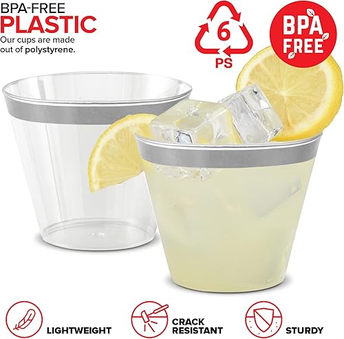 Miniatura 3 de Stock Your Home Vasos de plástico desechables con borde plateado de 9 onzas (paquete de 100) elegantes vasos para fiestas, bodas, vacaciones, vasos