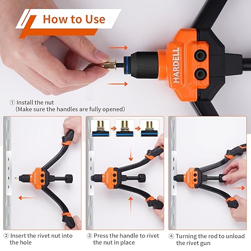 Miniatura 4 de HARDELL Herramienta de tuerca de remache, herramienta remachadora de 14 pulgadas con 100 tuercas remachadoras y 7 mandriles métricos y de pulgadas