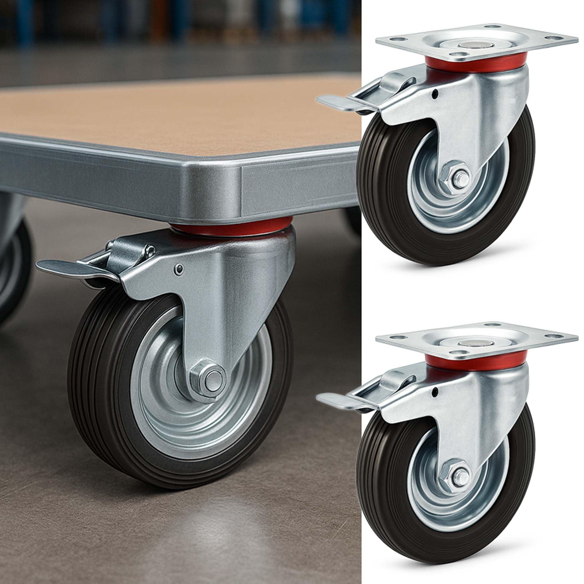 Wiltec Zestaw 2 szt. koło obrotowe do 150 kg udźwigu, ø200 mm gumowe, z podwójnym hamulcem, kółko transportowe z płytką mocowania, pełne skrętne jezdne