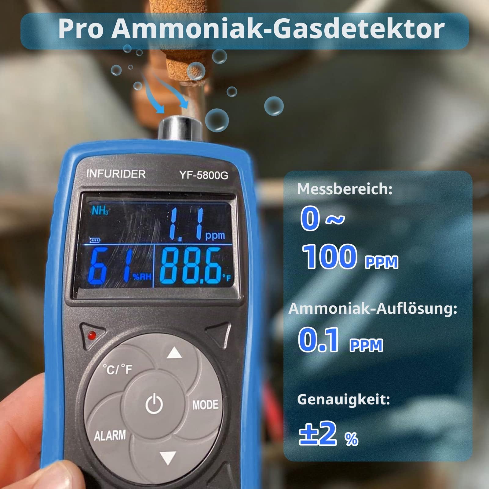 Tragbarer Ammoniak Gasdetektor, INFURIDER YF-5800G NH3-Gasmonitor mit akustischem und visuellem Alarm, 0~100 PPM Professionelles Ammoniakm Messgerät für Bauernhof, Schweine und Viehzucht