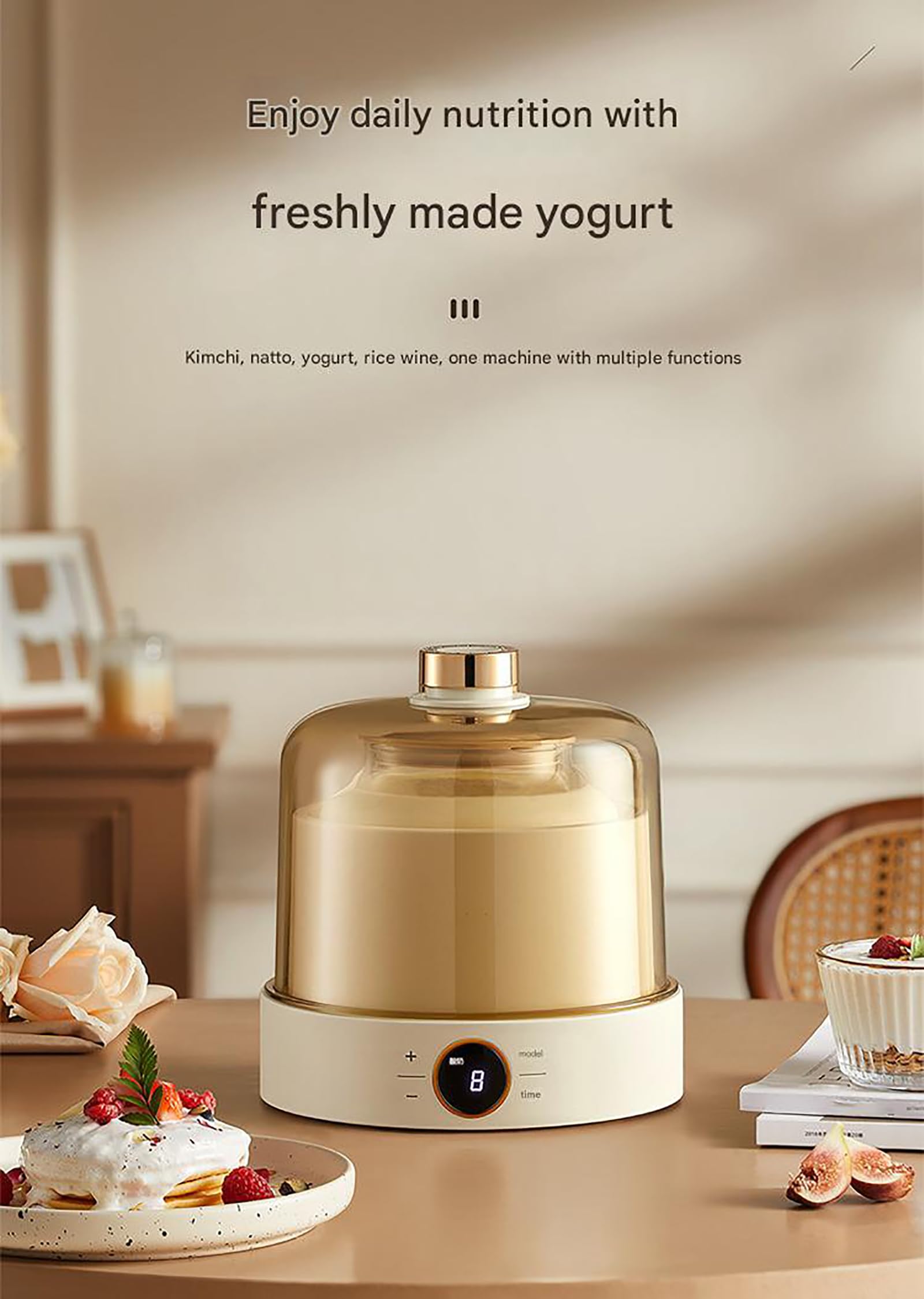 HZFAIGLL Automatic Probiotic Yogurt Motor with 4 Glass, Constant Temperature Heating, 360 Degree Wrapped Fermentation, Glass Liner, Adjustable Time, LCD Display