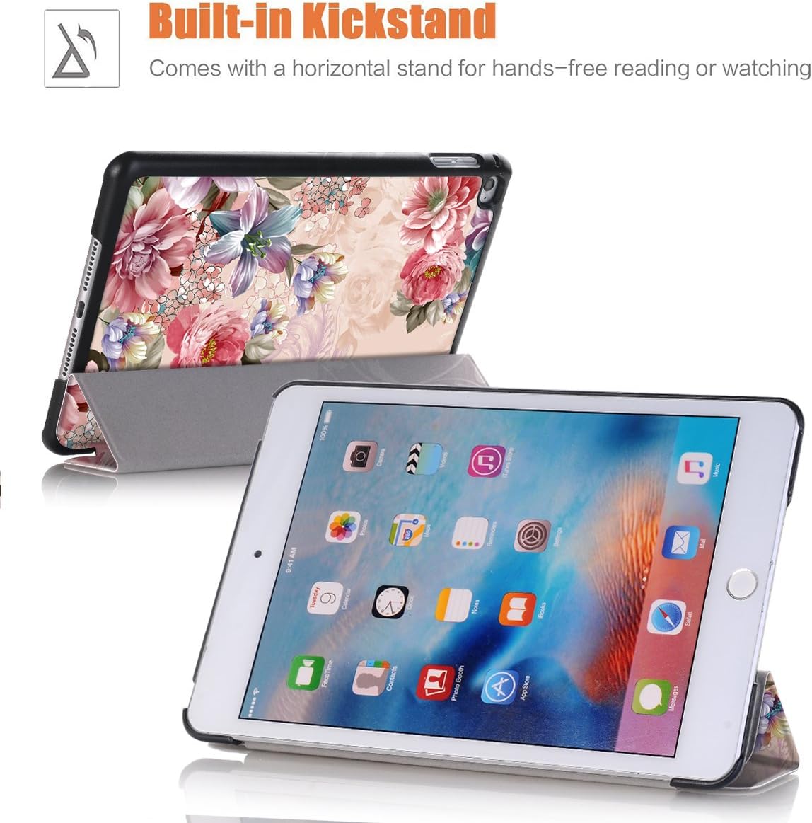 Hocase iPad Mini 4 Case, PU Leather Smart Case w/Cute Floral Print, Auto Sleep/Wake Feature, Microfiber Lining Hard Back Cover for iPad Model A1538/A1550 (2015) - Peony Flowers