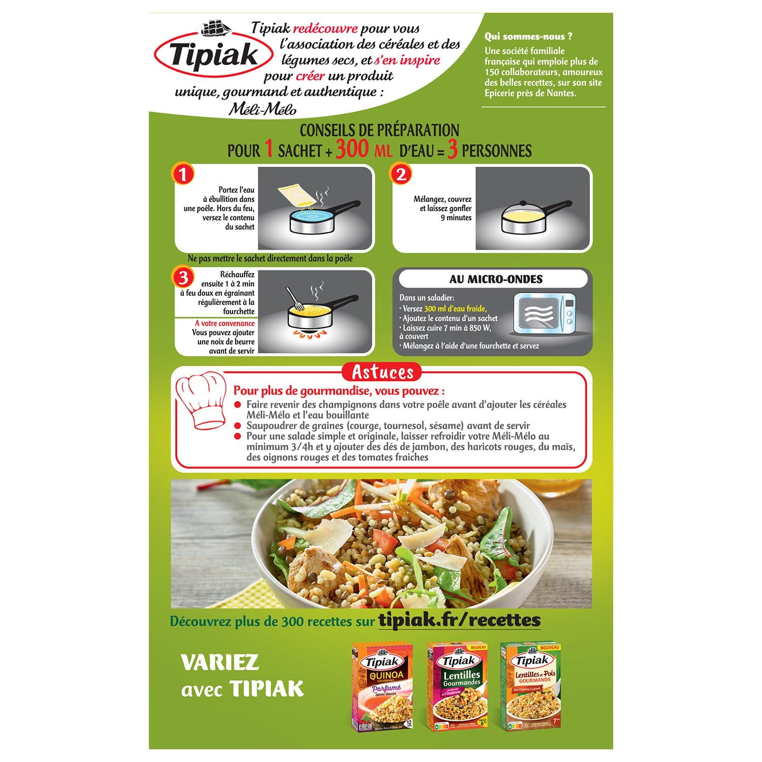 TIPIAK - Méli-Mélo Gourmand Blé Lentilles Orge Pois - Bouillon de légumes · Prêt en 10 min - les 2 sachets de 165 g - 330g - Le Lot De 4