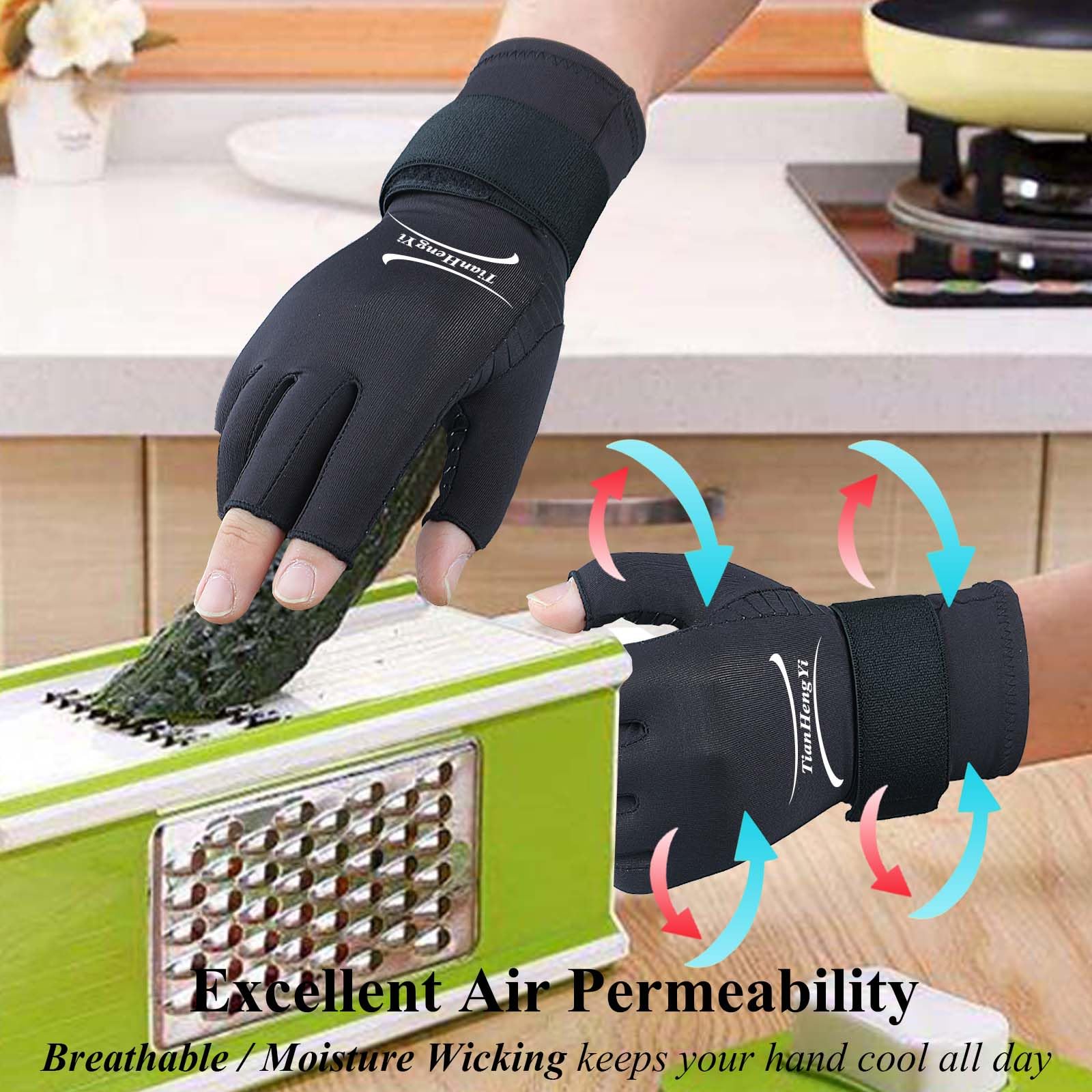 Guantes de Artritis, 2 Pares de Compresión de Cobre con Correa de Muñeca Ajustable para Hombres y Mujeres, Negro, Large/X-Large