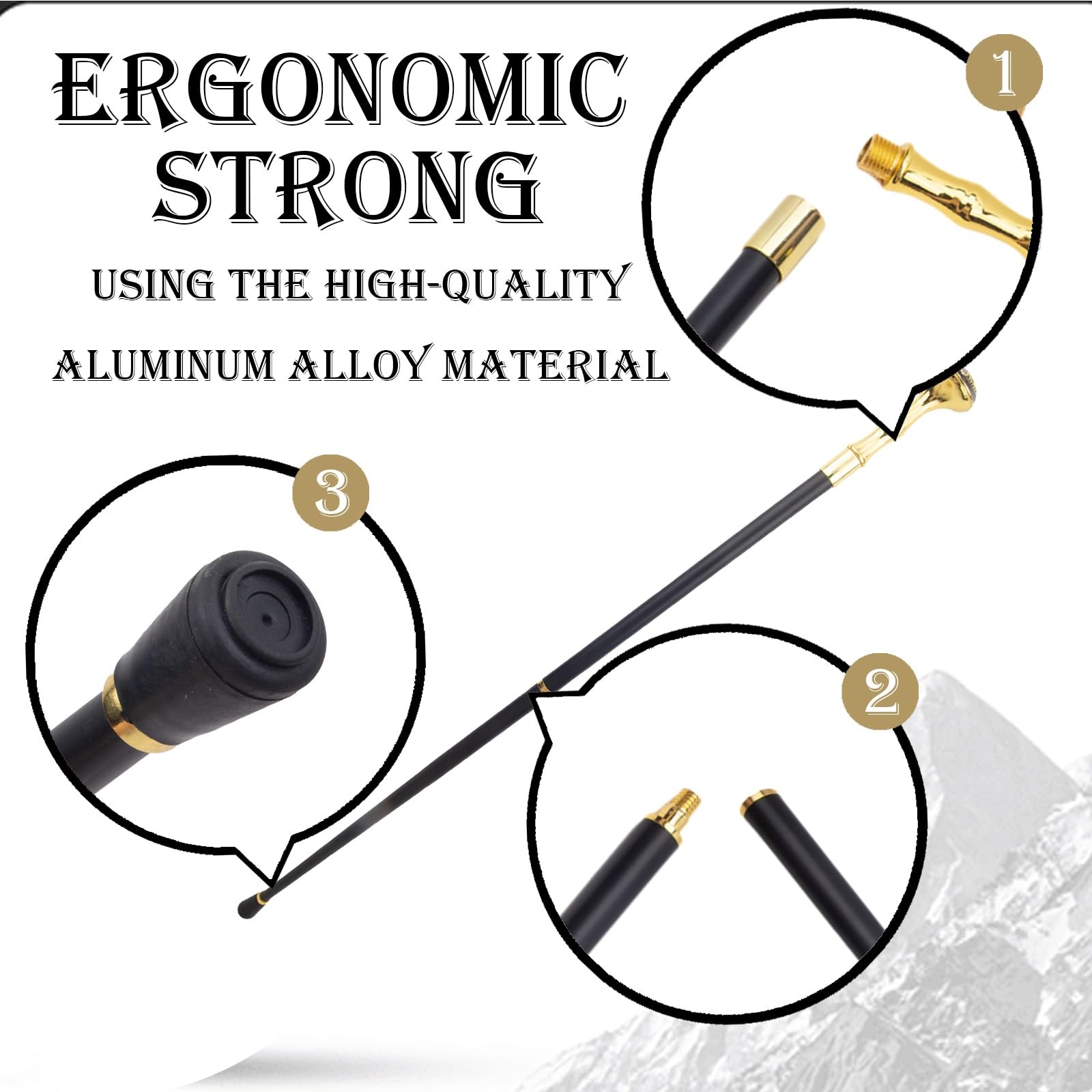 Bastón de Dos Secciones de Aleación de Aluminio, con Empuñadura Dorada de Aluminio; Bastón Ligero de Estilo Vintage para Hombre y Mujer