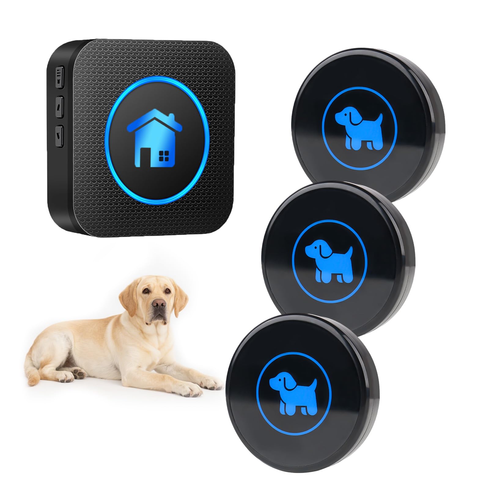 Timbres inalámbricos para perros para entrenamiento de orinal, campanas de perro para salir, rango de 1000 pies, botón impermeable, 55 melodías y 5 modos de notificación (3 botones)