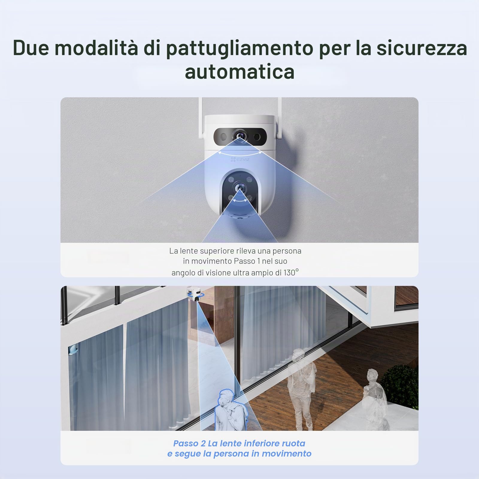 EZVIZ H9C 3K+3K Telecamera di Sorveglianza WiFi Esterna a Doppio Obiettivo, 360° PTZ, Tracciamento Automatico, Rilevamento di Forma Umana/Veicolo, Difesa Attiva, Visione Notturna a Colori 40M, Audio