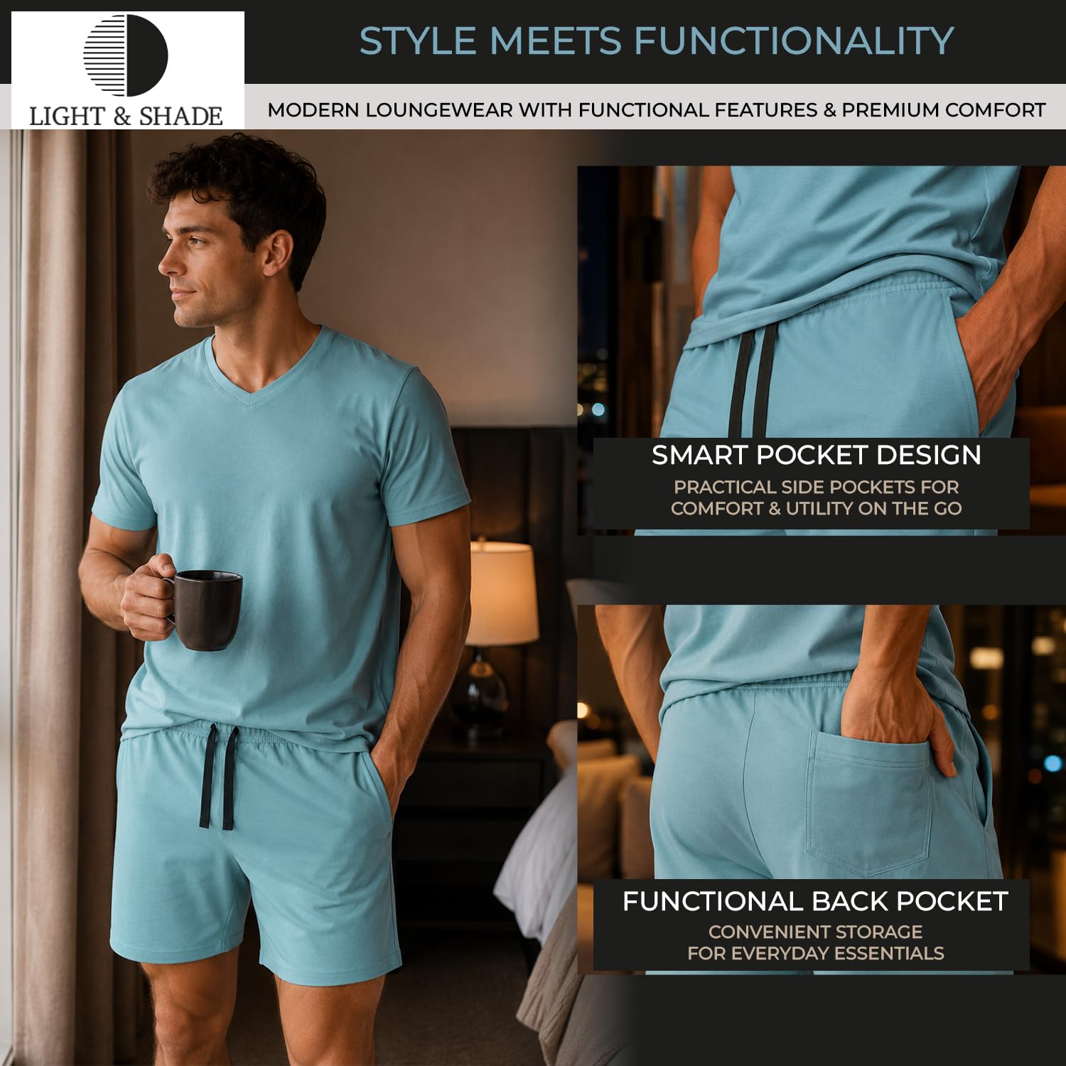 Light & Shade Conjunto de Pijama para Hombre con Camiseta y Pantalones Corto
