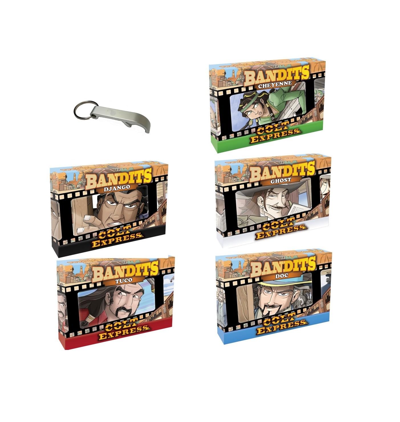 Blumie Shop Lot Colt Express 5 Bandits Version Française | Django, Doc, Cheyenne, Tuco, Ghost, 1 Décapsuleur Blumie