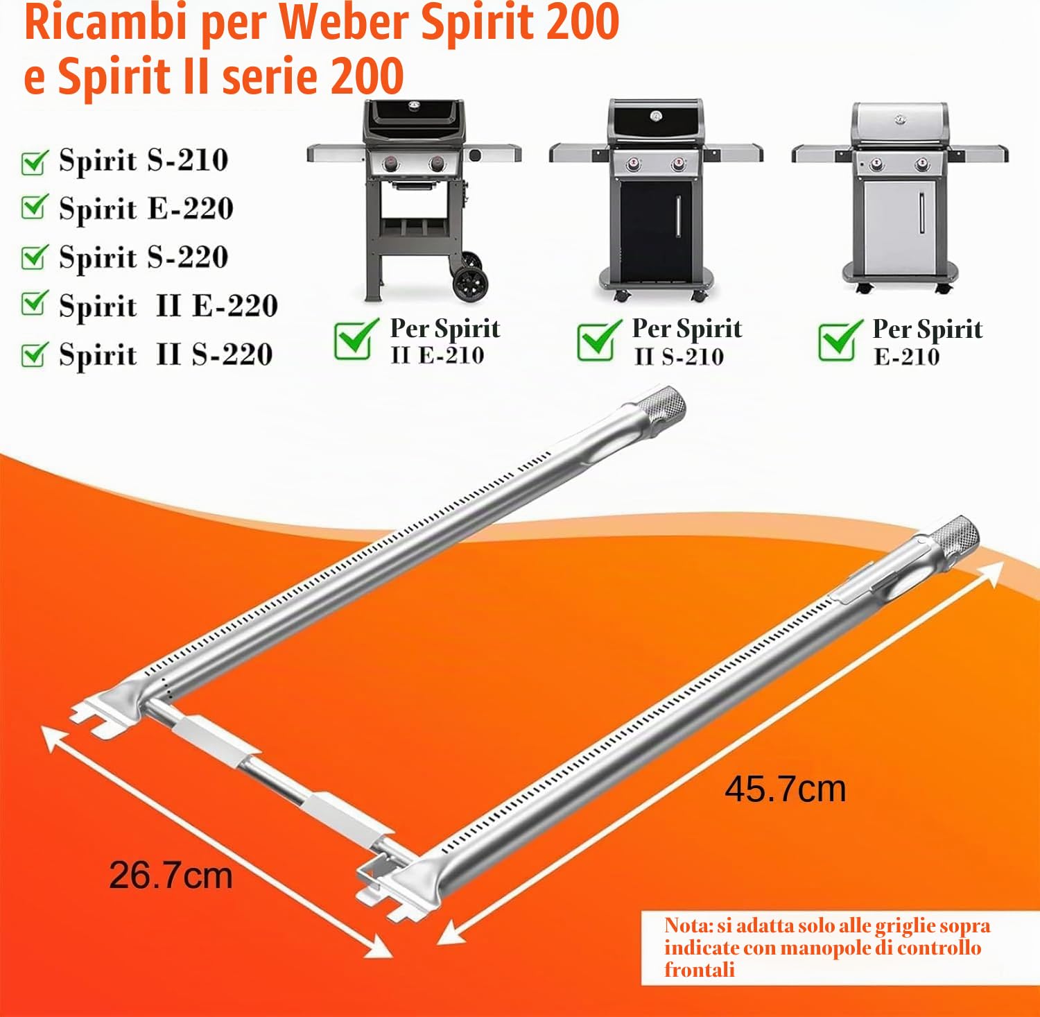 Denmay 69785 45.7 CM Bruciatore a Gas Barbecue Ricambi per Weber Spirit 200 Spirit E210 S210 E220 S220 BBQ Bruciatori per Weber 46100001 46110001, 46113101, 47100001 (con Manopola Frontale) 69785
