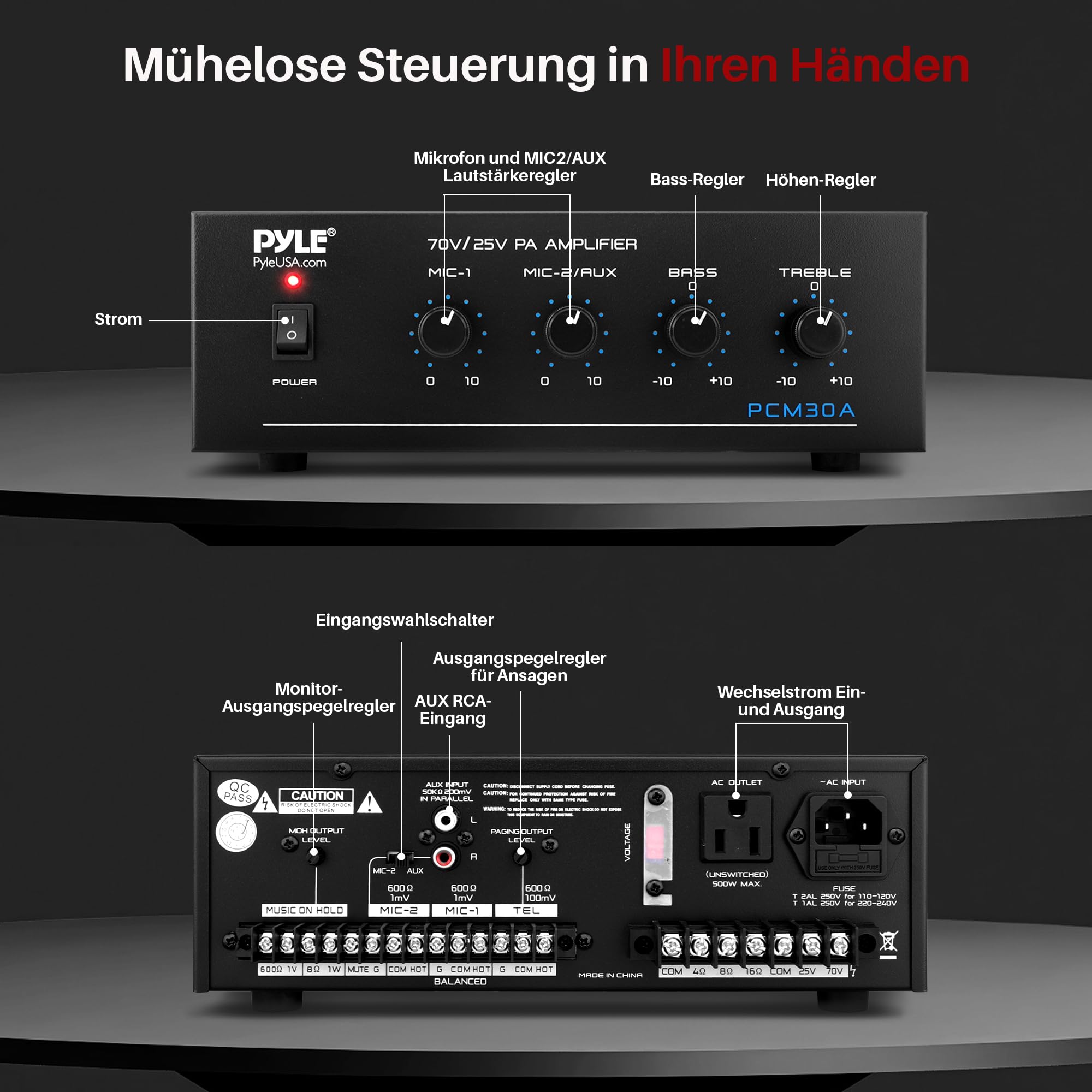 Pyle PA-Verstärker – 60W Bluetooth Amp mit 25/70V-Ausgang & 2 Mikrofoneingängen | Mit Bass-/Höhenregler, AUX & RCA, Ideal für Hintergrundmusik & Durchsagen in mehreren Räumen