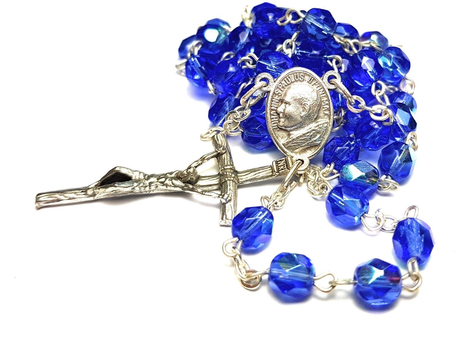 Blue Rosary Blessed by Pope Francis Vatican Rome Holy Father Crystal Glass Beads with Silver Toned Base Papal Cross Crucifix Blessing