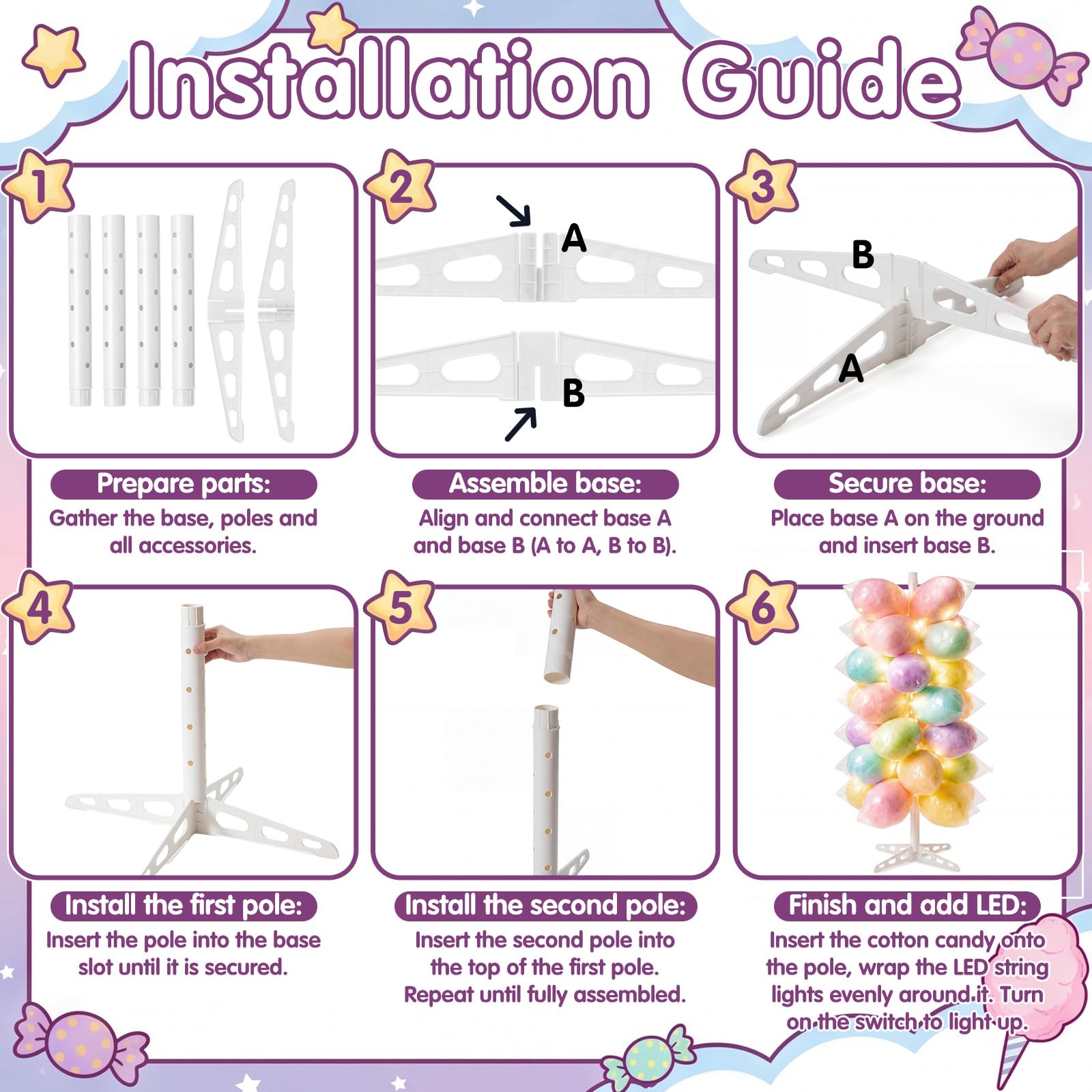 Novabright Plastikowy stojak na cukierki, 1,60 m, z oświetleniem LED, 64 otwory, regulowany, stojak na watę cukrową, artykuły imprezowe, urodziny, baby shower, ślub, 1,60 m