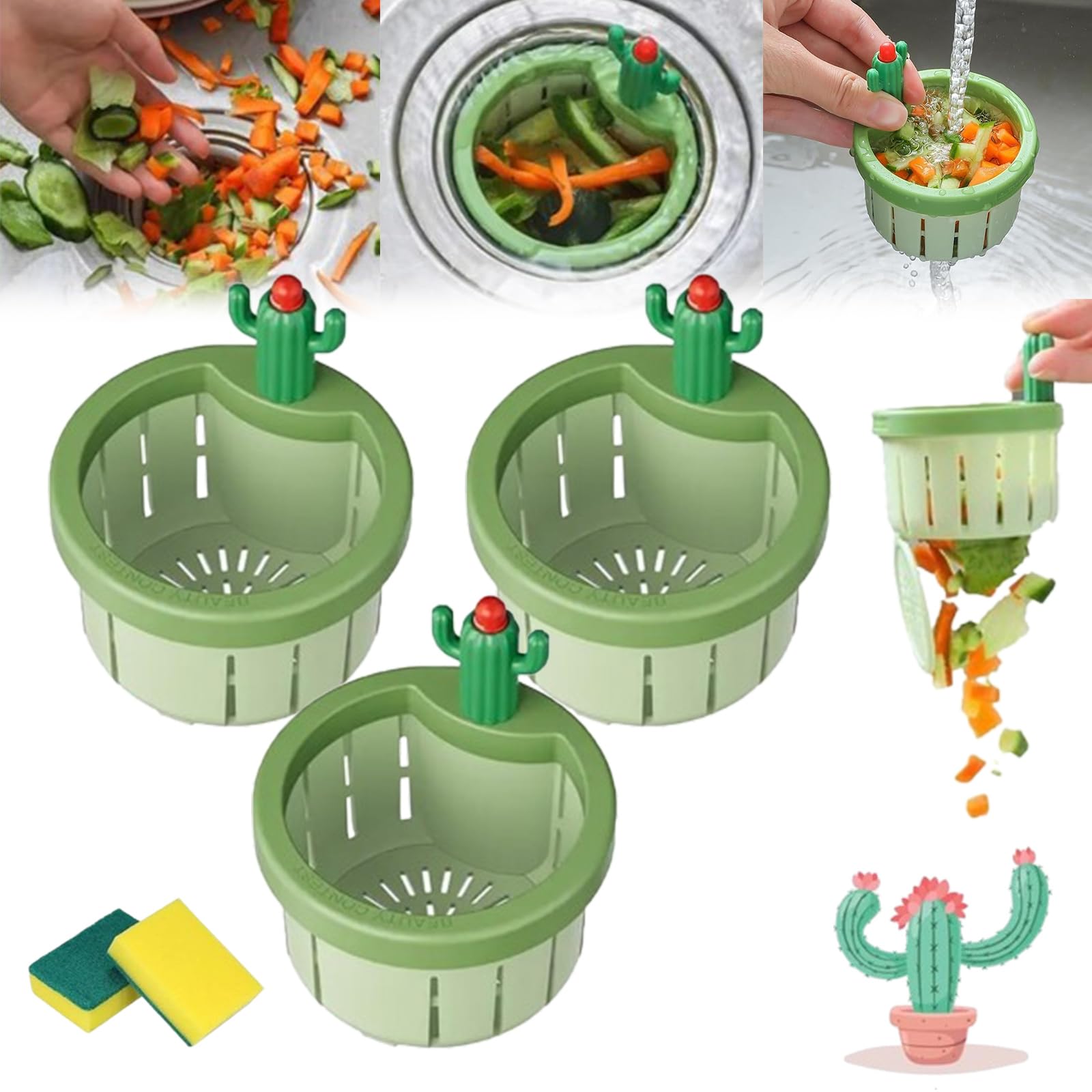 Cactus Kitchen Sink Drain Strainer, Press Automatic Dumping Basket, Kitchen Waste Collector Filter, Self-Cleaning Kitchen Sink Strainer, MultiFunctional Cactus Sink Draining Basket Filter Net (3pcs-A)