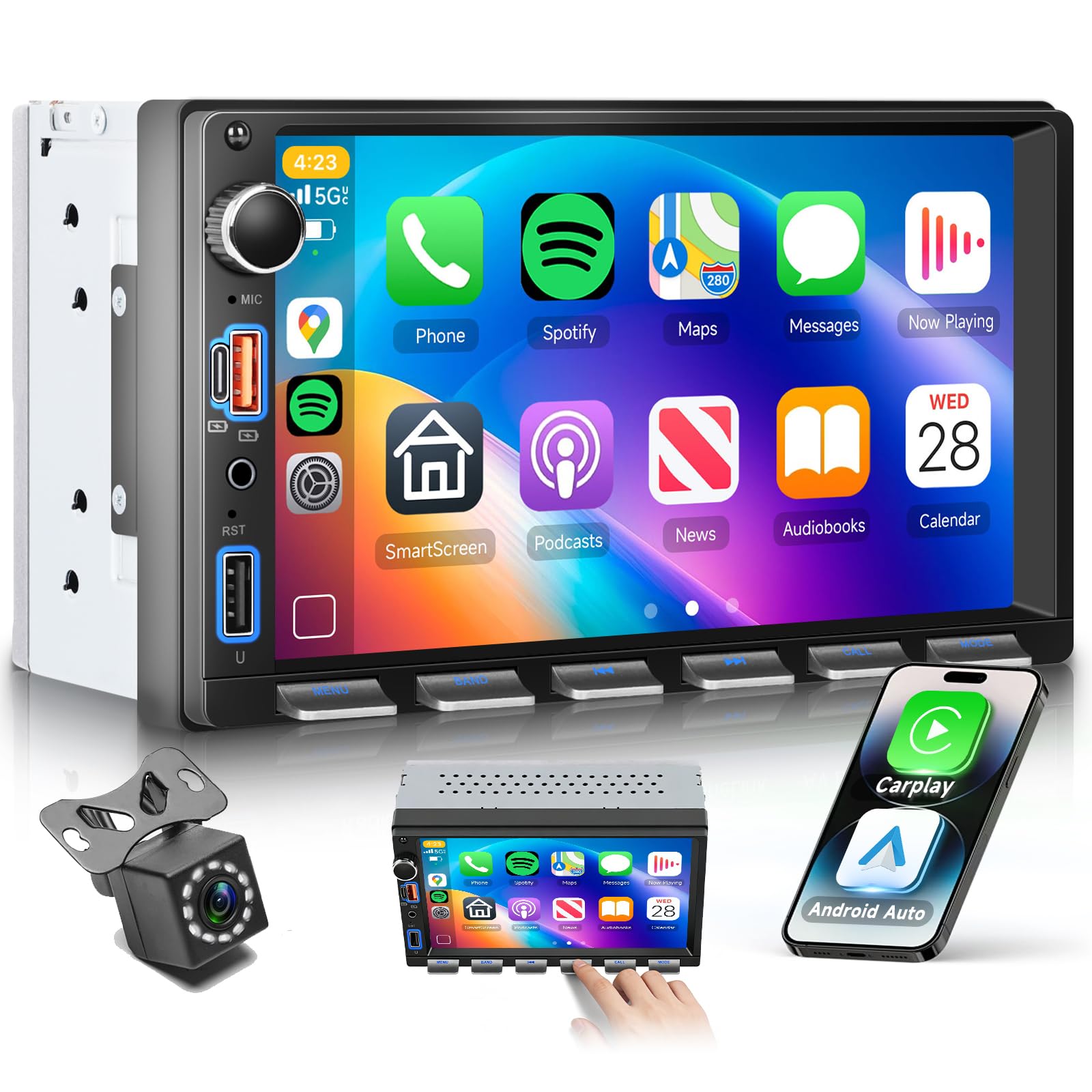 VECHTEL 7" Autoradio 2 Din con carplay wireless Android Auto,radio FM con Blurtooth,navi GPS,2 USB/SD/AUX, video online,Mirror Link,auto touchscreen IPS con telecamera di retromarcia/tasti pianoforte
