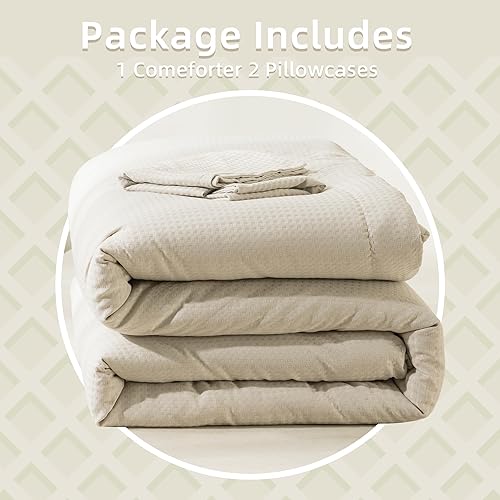 Miniatura 7 de Andency Juego de edredón de 3 piezas de color caqui, tamaño matrimonial, juego de edredón de punto gofre para todas las estaciones, juego de edredón