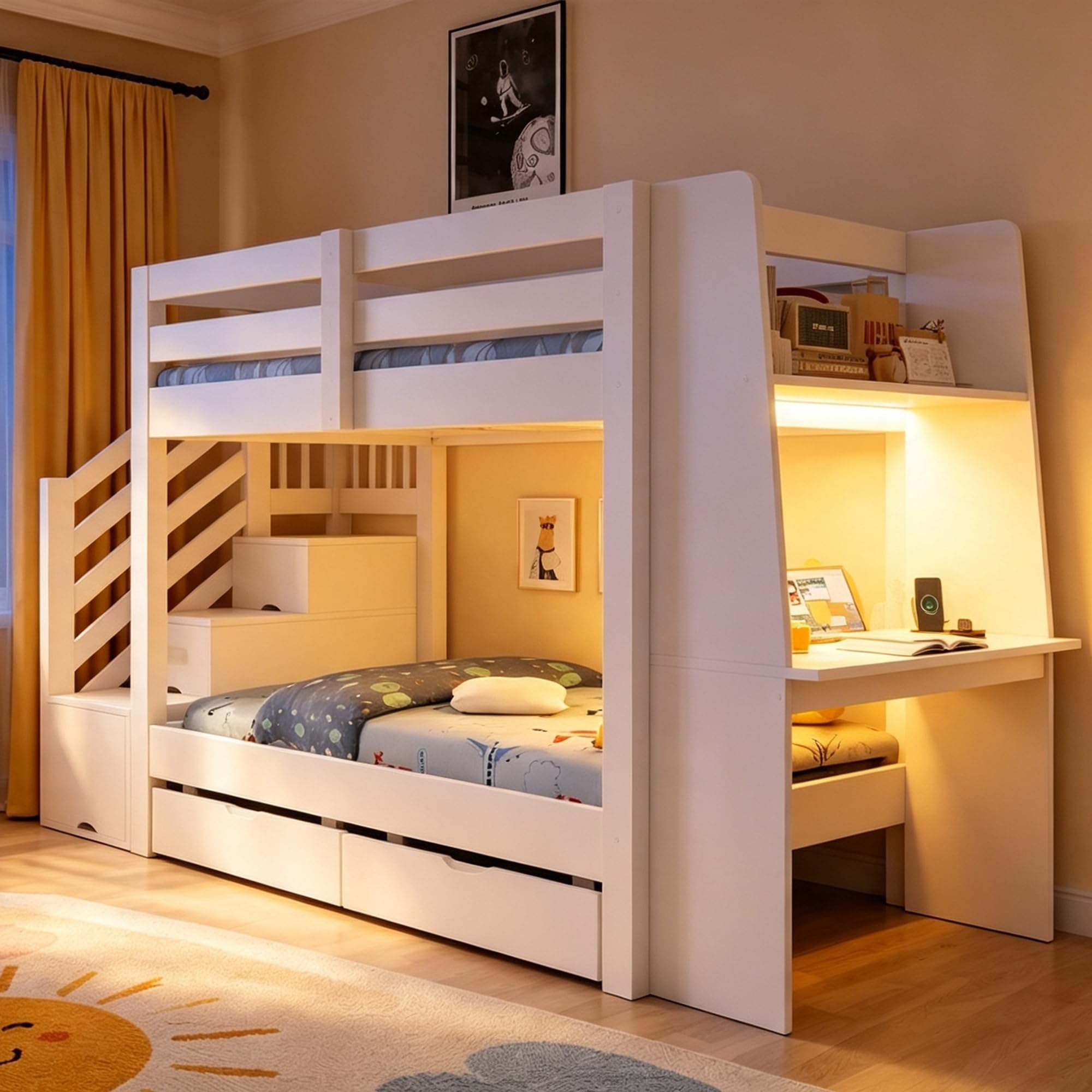 Etagenbett für Kinder, 90 x 200 cm, Holzrahmen mit Leiter, integriertem Schreibtisch, LED-Lichtleiste, Steckdose und Schubladen. Geeignet für Jugendliche und Erwachsene.Weiß