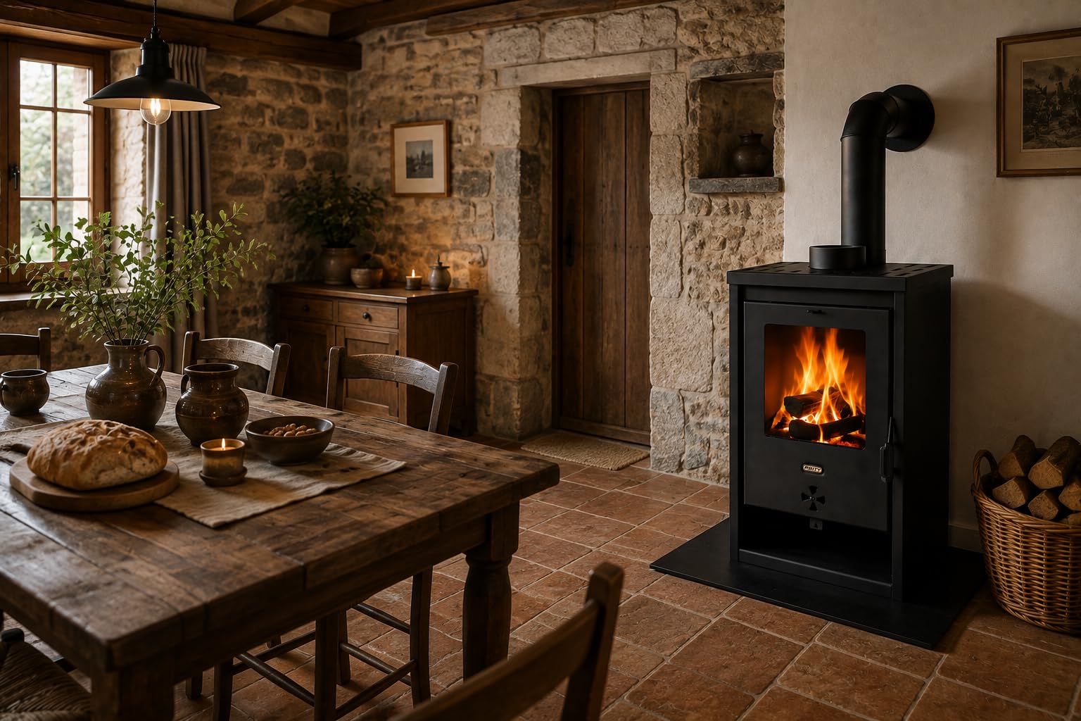 PRITY K1 D Poêle à bois 9,3 kW, classe d'efficacité énergétique A+, 81,3 %, tuyau de fumée Ø 150 mm, construction en acier et fonte