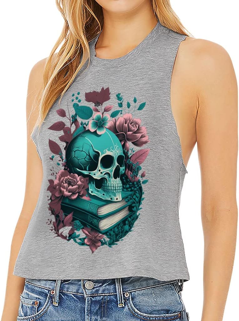 Skull Illustration Racerback Cropped Tank - Gothic Print Women's Tank - Book Themed Tank Top - Athletic Heather, 2XL