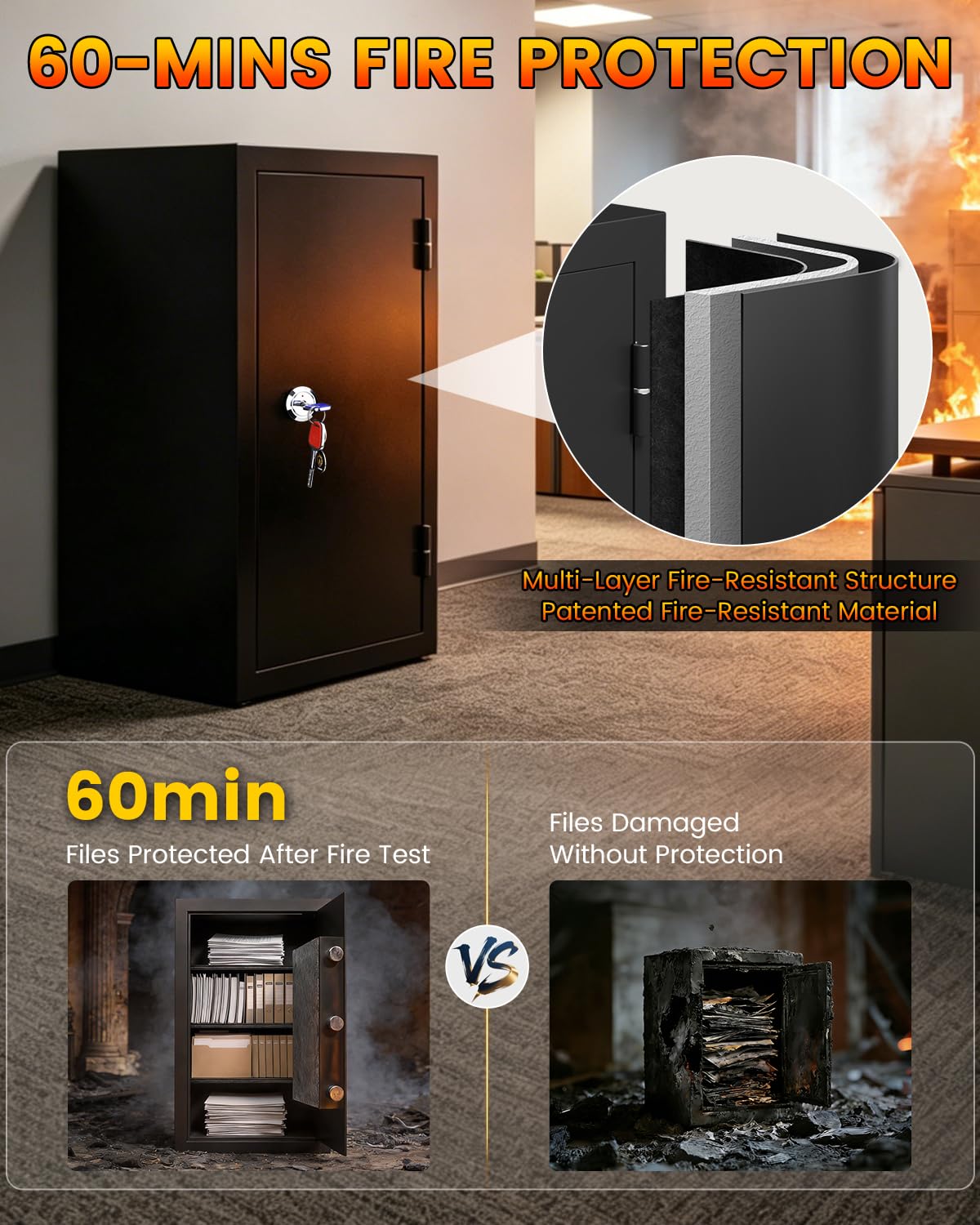 Cassaforte ignifuga da 60 minuti, 2,46 CuFt resistente al fuoco e impermeabile, cassaforte di sicurezza per ufficio domestico, test UL per proteggere documenti, gioielli, contanti e oggetti di valore