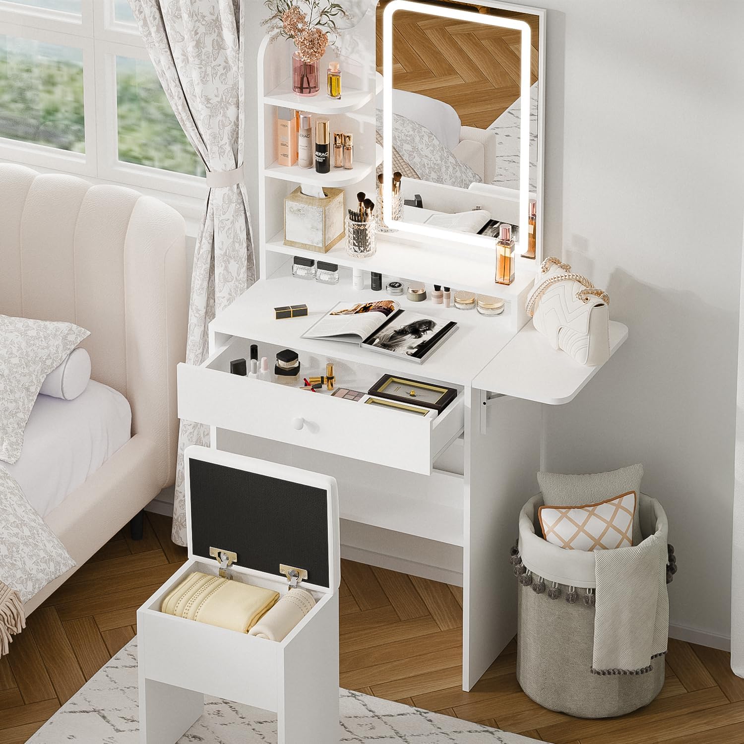 Haewon Small Vanity Desk with Mirror and Lights, White Makeup Vanity with Charging Station, Dressing Table Set with Storage Chair Drawer Shelves and Foldable Panel for Compact Space Bedroom