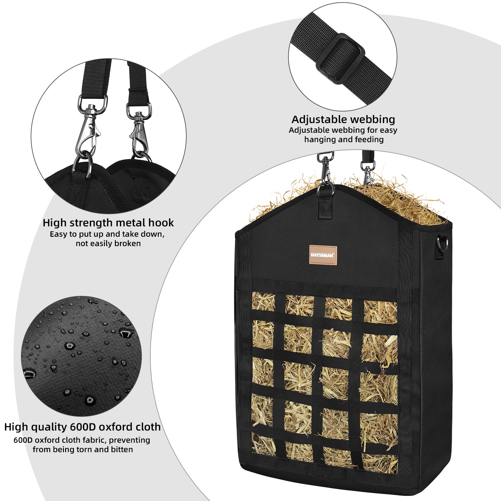Innovadoras bolsas de heno para caballos, comedero de heno para cabras con tela Oxford reforzada y cierre de metal de alta resistencia, suministros de alimentación para caballos con correa