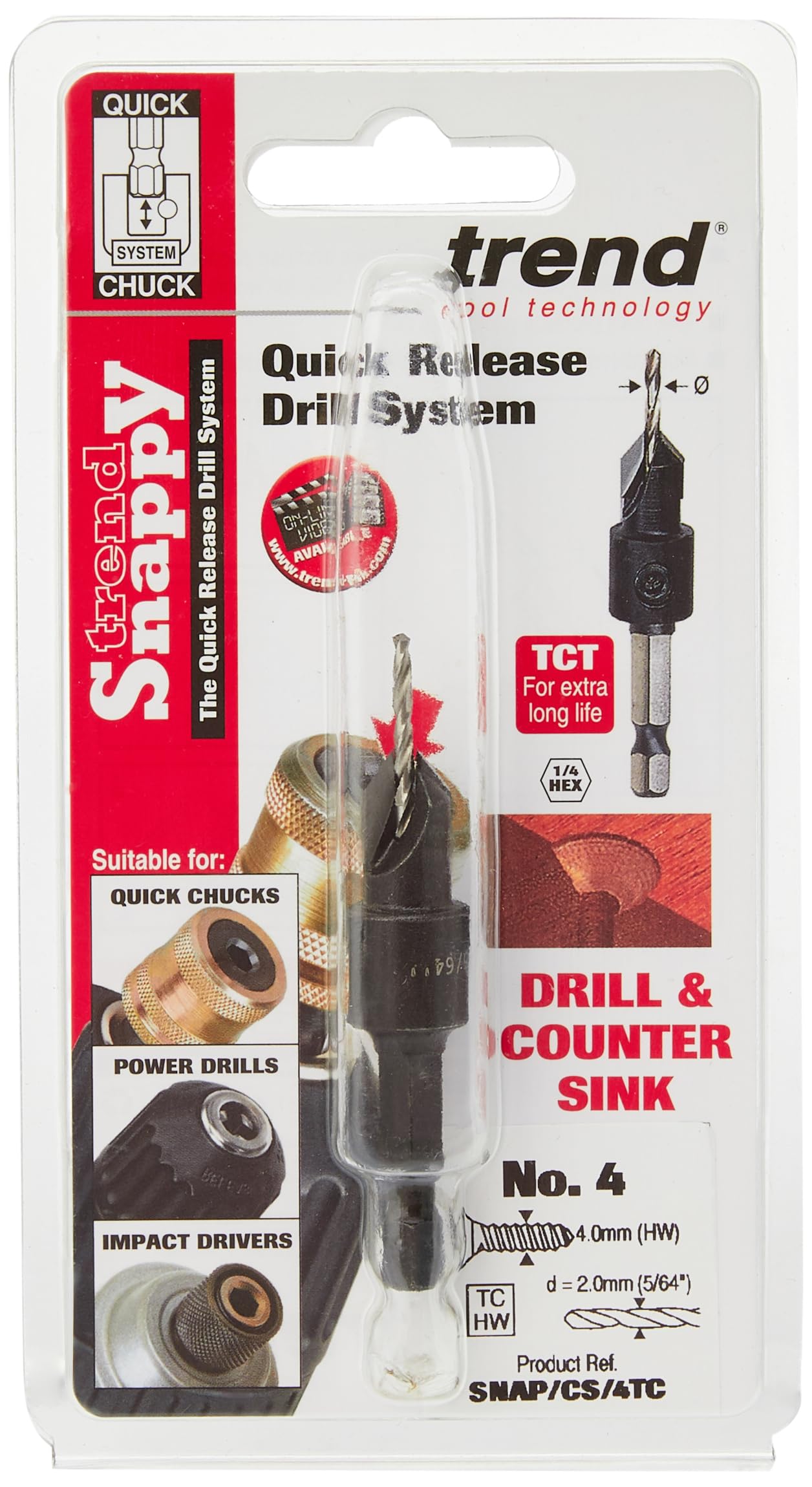Trend Snappy TC 9.5mm Countersink with HSS 2mm Drill for Softwood & Hardwood, Quick Release System, SNAP/CS/4TC - Image 3