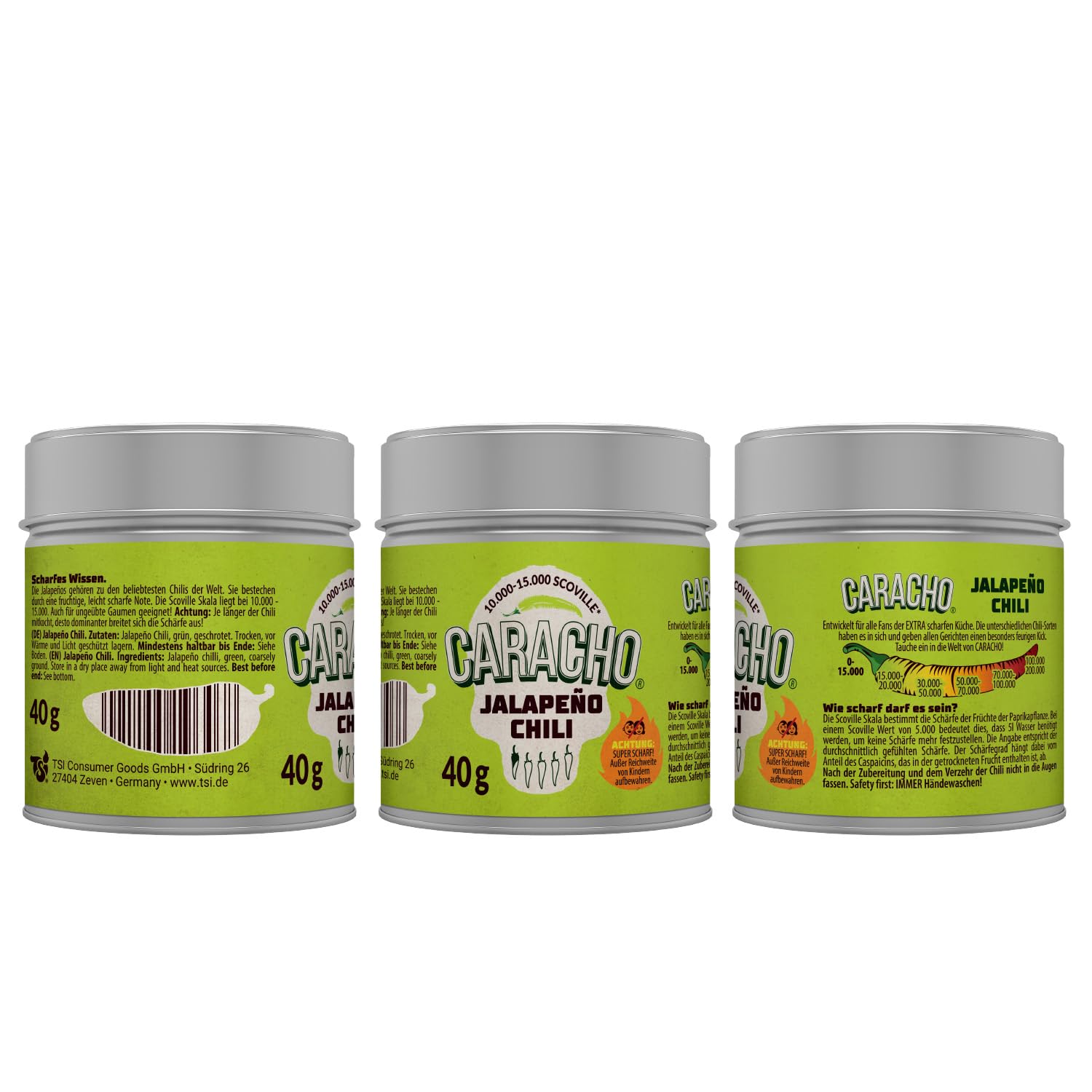 CARACHO 40 g Chile verde jalapeño chatarrado/molido - Premium 100% picante chile en lata de especias de metal/Scoville: 15.000