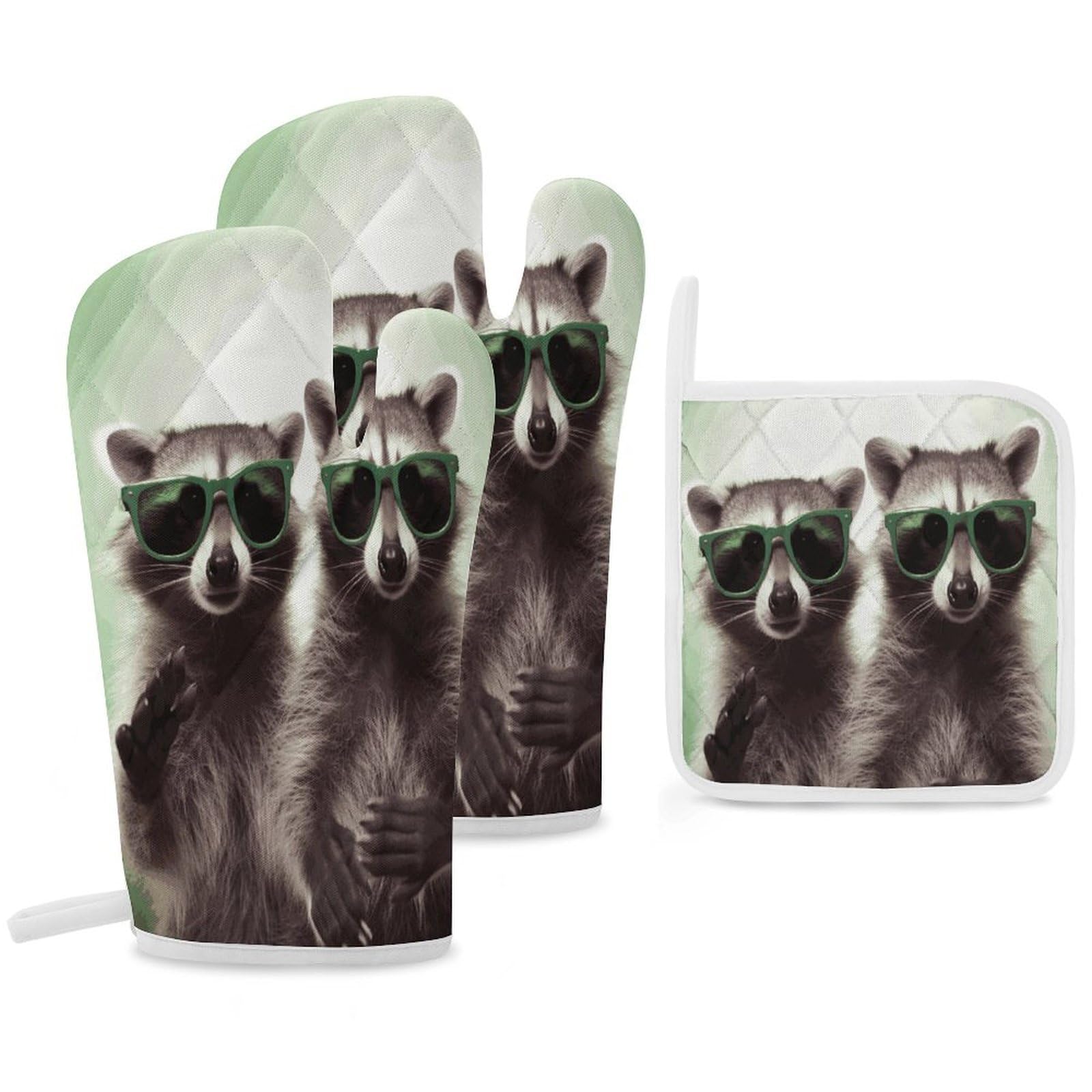 Fekiloot Style Funny Raccoon Green Sunglasses Oven Mitts Funny Heat Resistant,Oven Glove With Hanging Loop,Resistant Hot Pads For Kitchen Baking Grilling Cooking