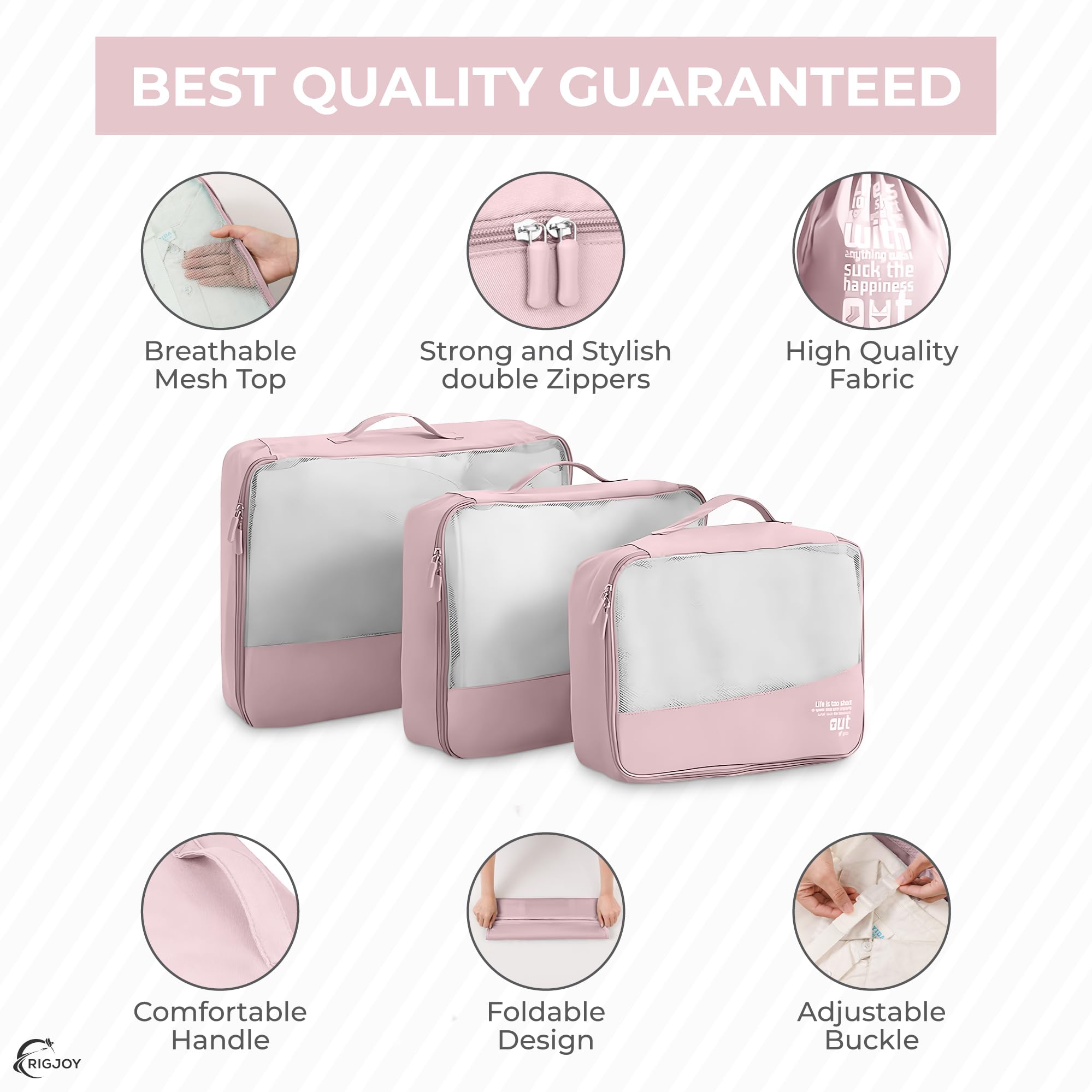 RIGJOY 6 Pcs Packing Cubes for Travel, Travel Organizer Pouches for Luggage, Suitcase with Cosmetics, Toiletry, Underwear and Shoe Bag, Packing Bags for Travel (Set of 6) - Pink - Image 5 thumbnail
