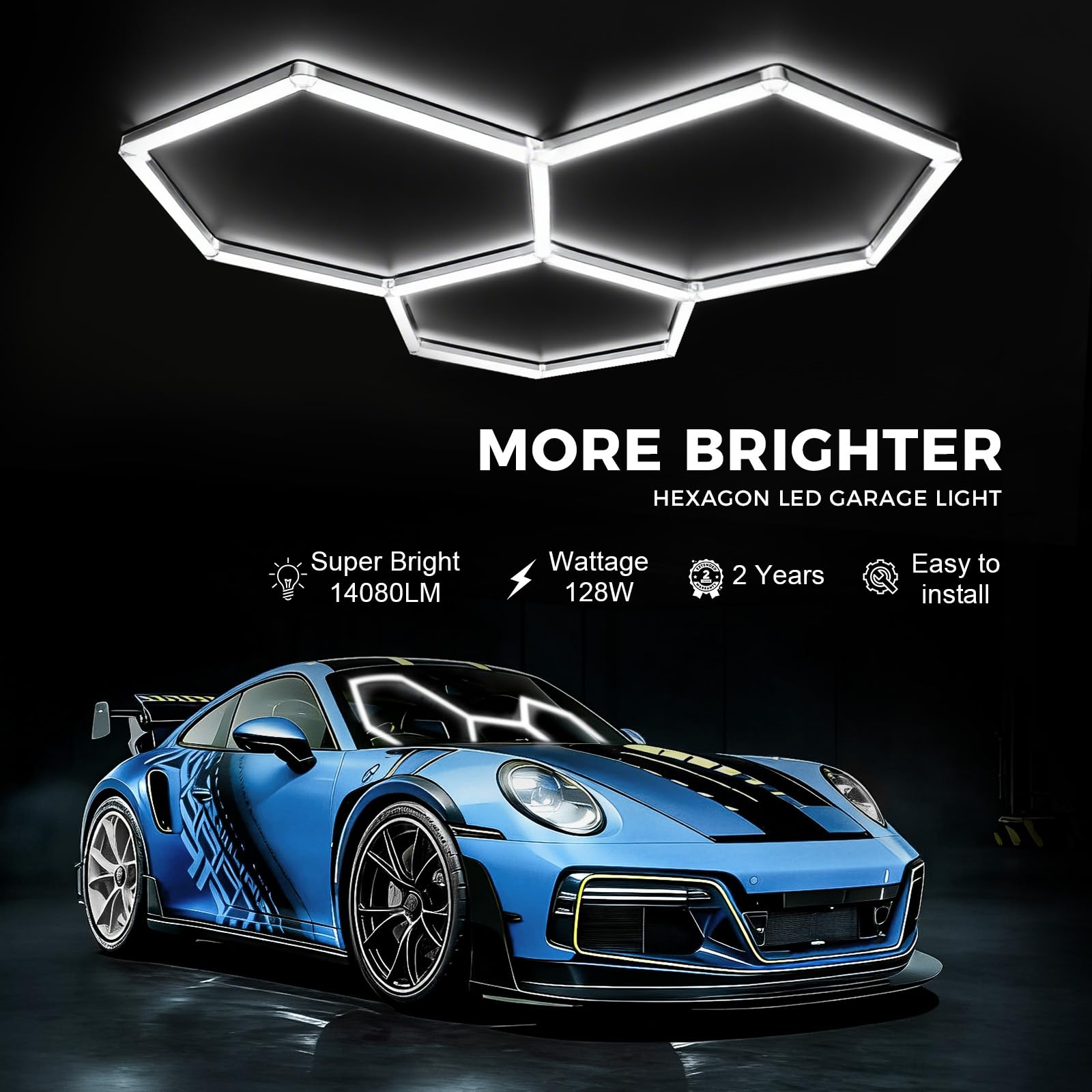 3-Hex Lámpara de techo LED hexagonal para garaje-16pcs luces de tubo, 128W 6500K luces LED de techo conectables para taller, garaje, almacén, gimnasio,sala de lavado para el cuidado del automóvil