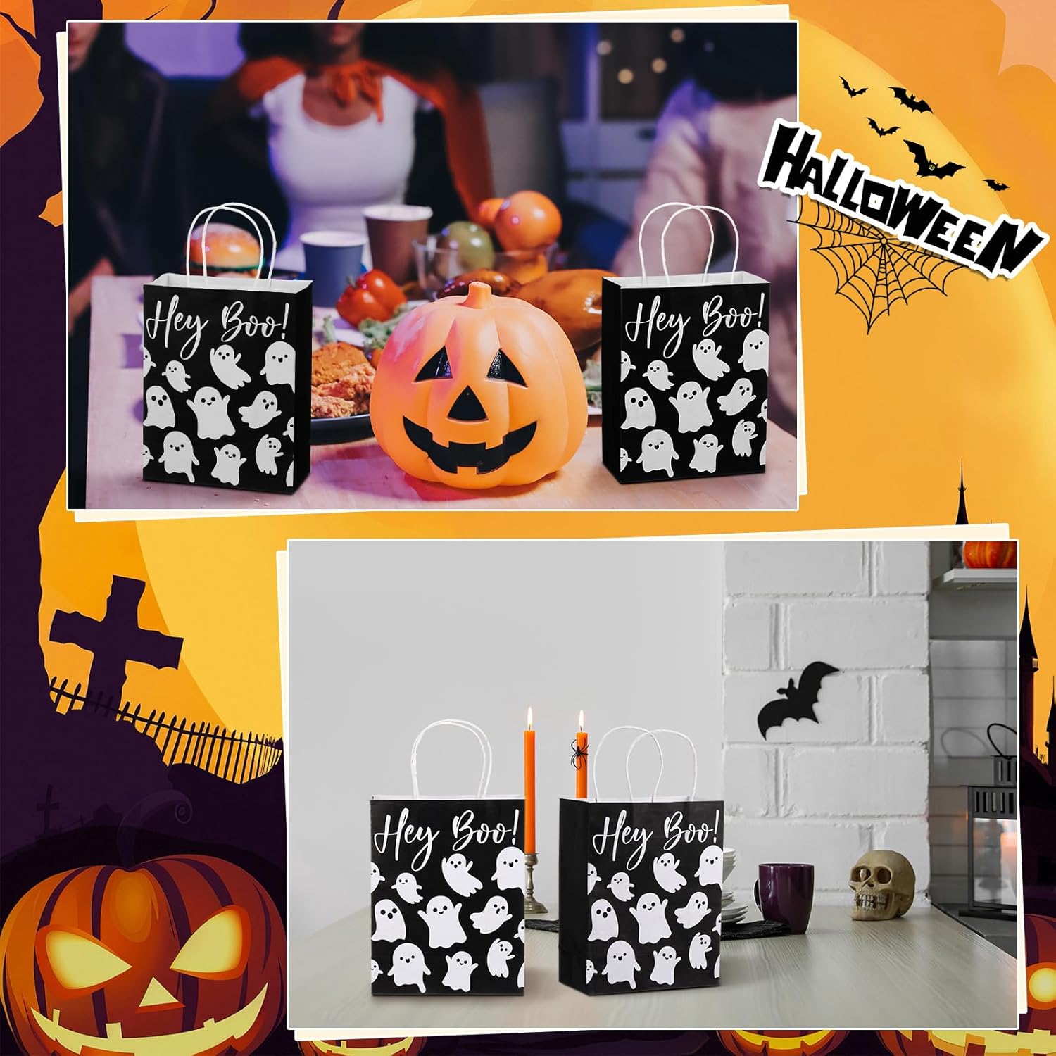 24 Pcs Halloween Hey Boo Ghost Paper Gift Bags with Handles Medium White Ghost Party Favor Bags for Halloween Home Table Party Supplies - Image 3
