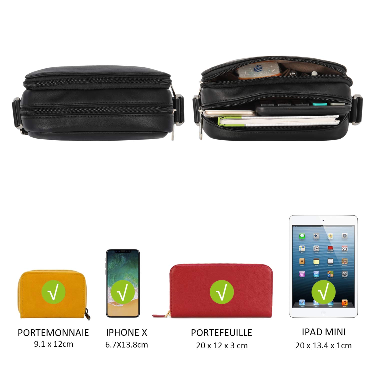 David Jones - Sacoche Homme Style Cuir Véritable - Sac Bandoulière Porté Epaule Croisé Travers - Pochette Besace Messenger Multipoche Travail Affaires Business - Bourse Rétro Classique